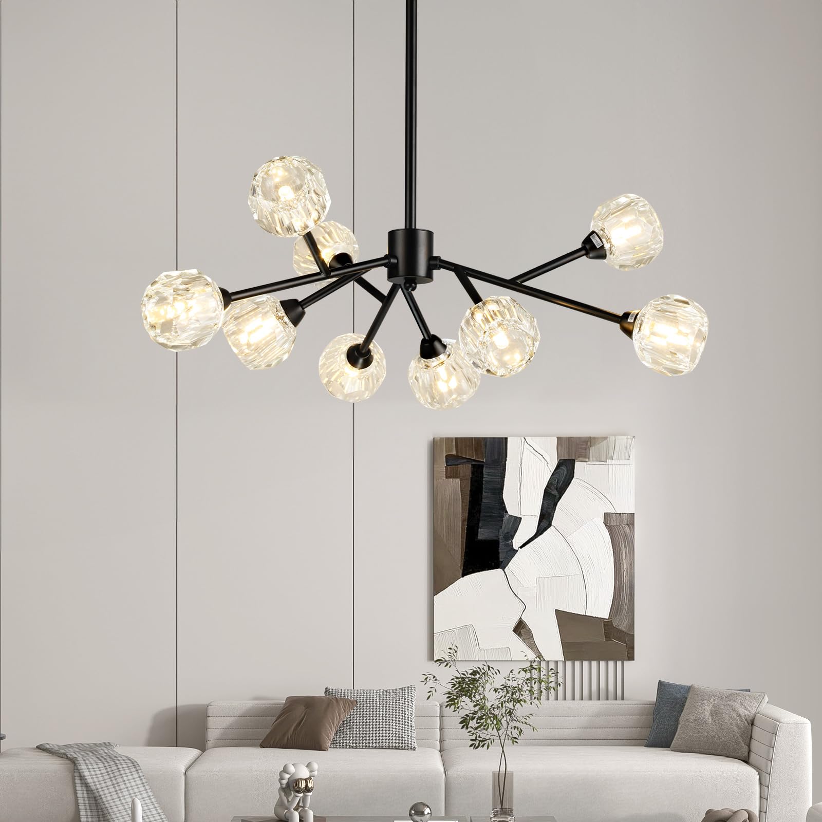 Modern Black Crystal Chandelier - 9-Light Sputnik Fixture for Dining Room & Kitchen Island