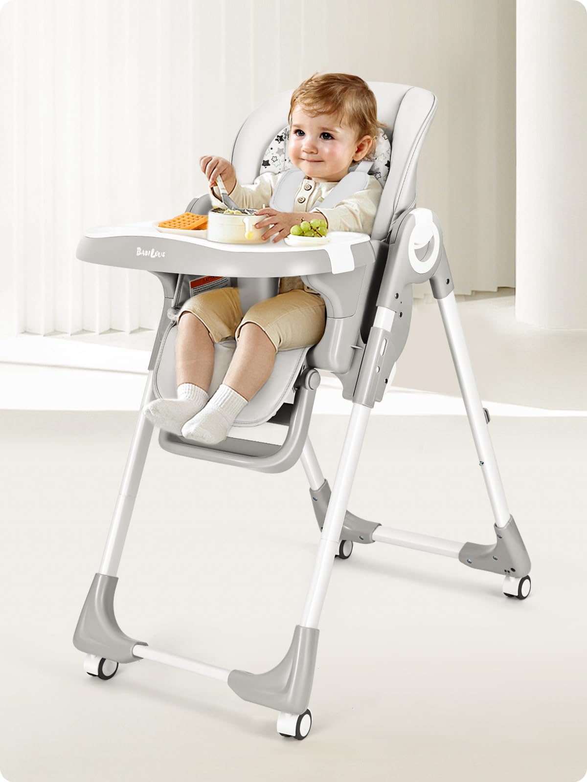 Convertible Baby High Chair with Adjustable Backrest & Footrest - Foldable Toddler Dining Chair with Removable Tray & Locking Wheels (Star Gray) - Perfect for Home, Restaurant & Travel Use