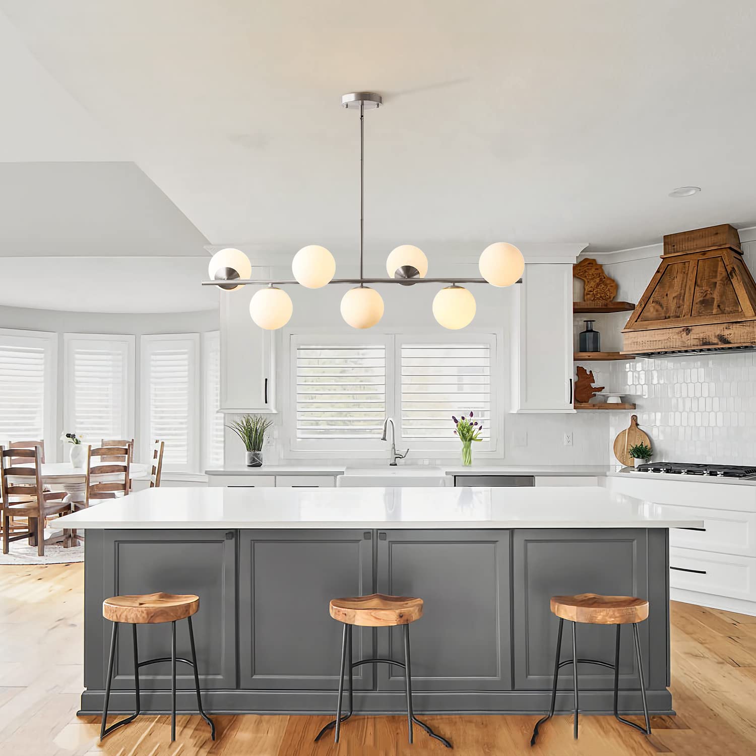 Brushed Nickel Linear Kitchen Island Pendant Light - Mid Century Modern 7-Lights Globe Chandelier with Milk Glass Shades - Silver Dining Room Light Fixture for Kitchen, Dining Room, and Modern Home Decor