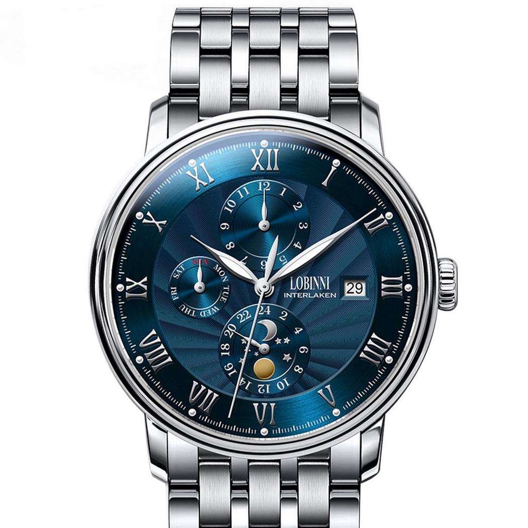 LOBINNI Men's Automatic Luxury Dress Watch - Self-Winding Mechanical Movement, 50m Waterproof, Displays Month/Week/Date/24H/Day-Night - Perfect for Business, Formal Events & Everyday Wear