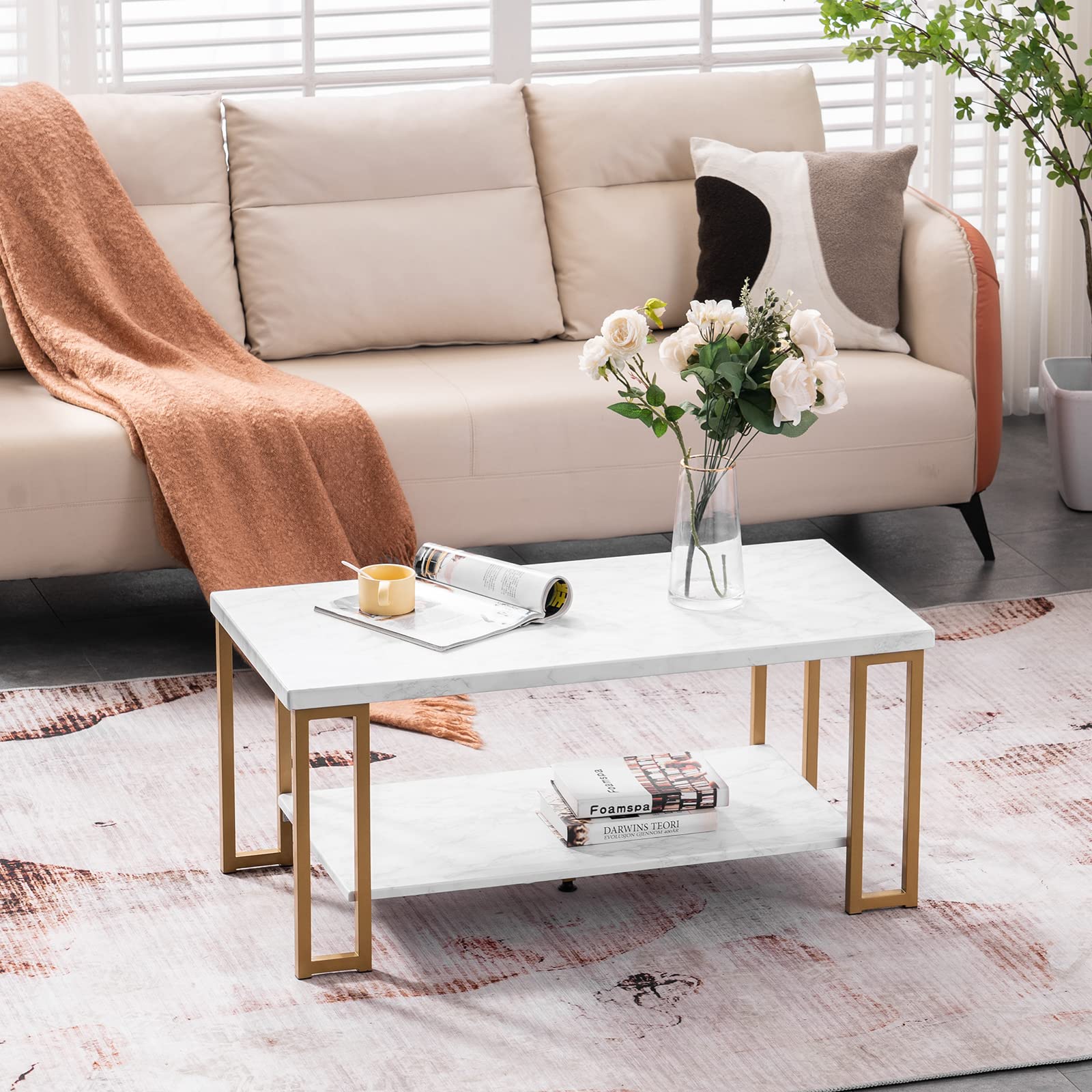 White Marble Print Coffee Table with Gold Metal Legs - 2-Tier Modern Rectangular Center Table for Living Room & Bedroom - Accent Furniture for Home Decor, Perfect for Small Spaces and Cozy Gatherings