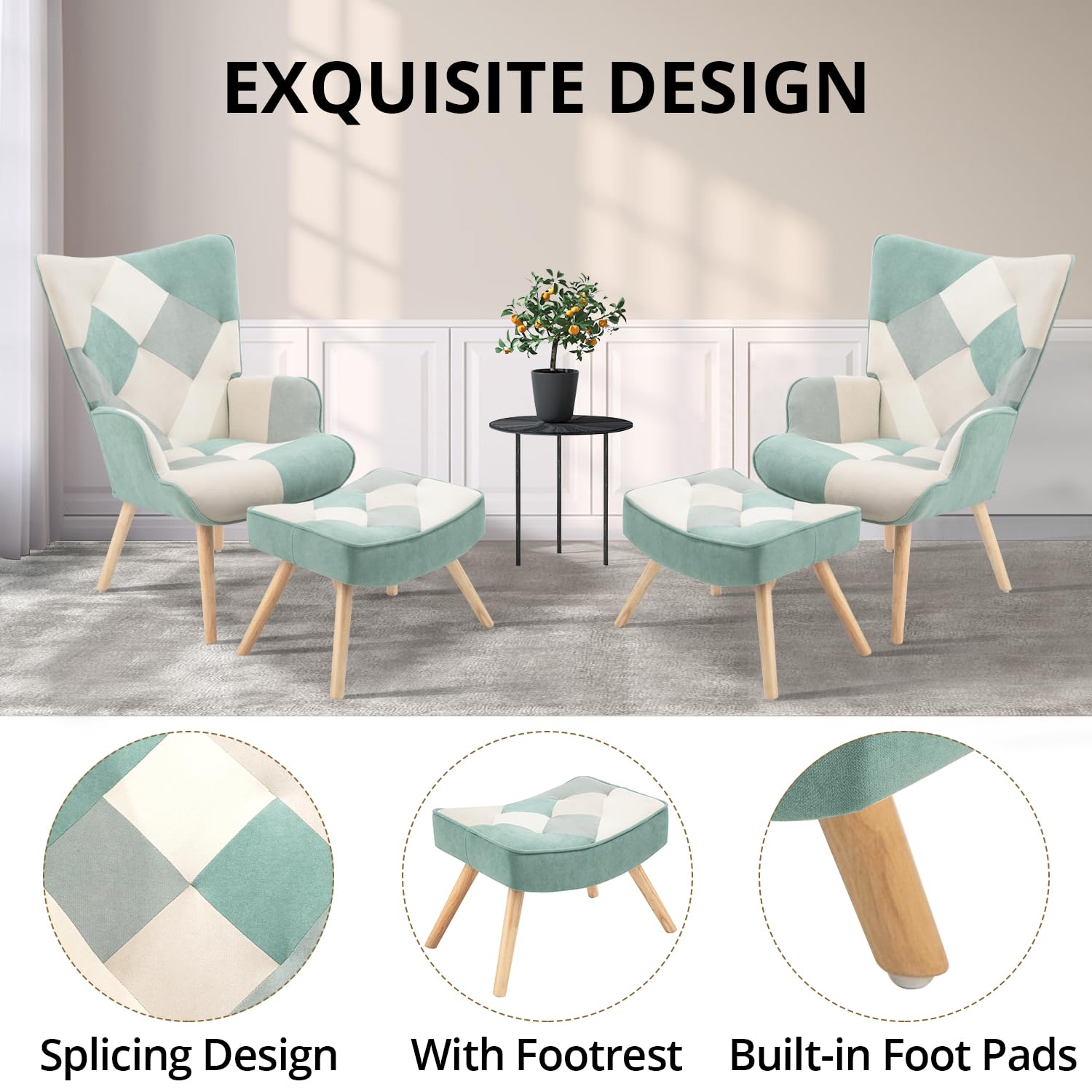 **Green Upholstered Accent Chair with Ottoman - High Back Armrest Living Room Chair, Comfy Fabric Armchair for Bedroom, Small Spaces & Reading Nook | Perfect for Relaxing, Lounging & Home Decor**