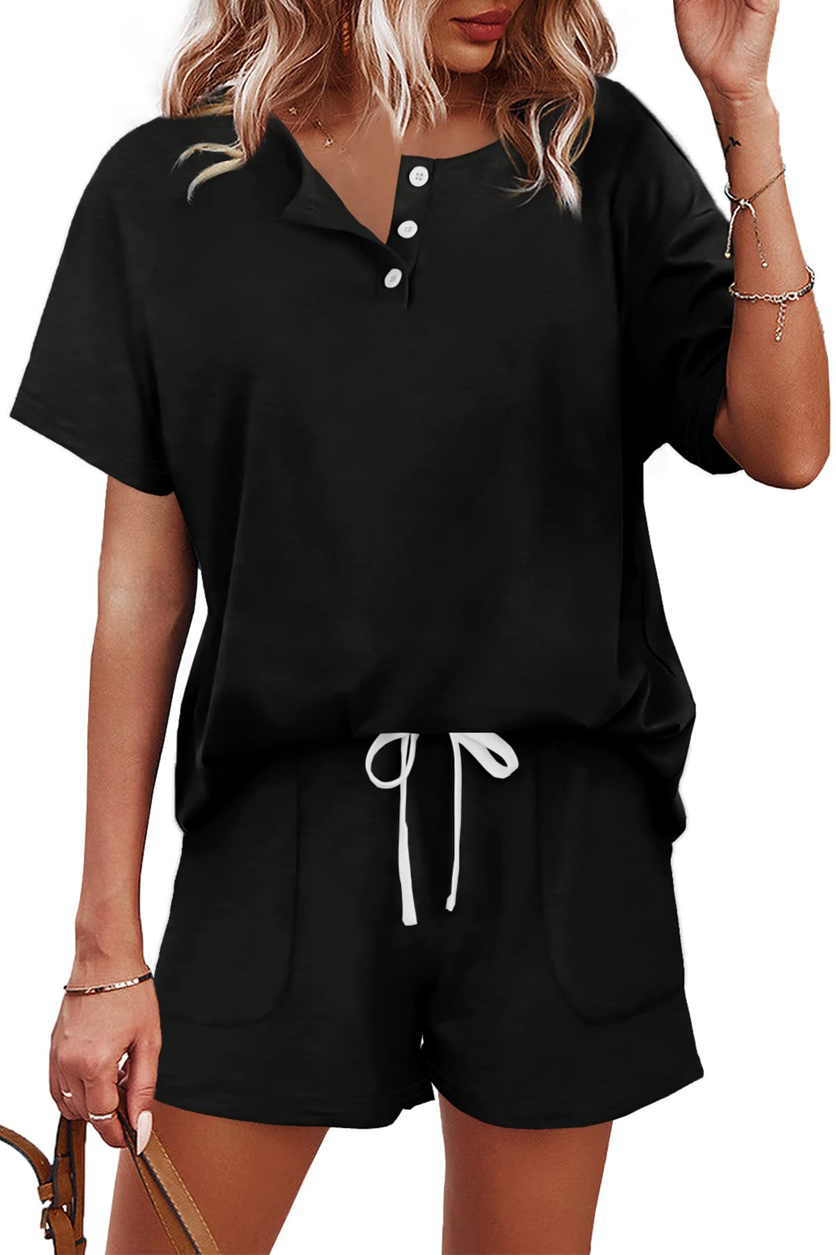 WIHOLL Women's 2-Piece Lounge Set - Button Down Top & Shorts with Pockets | Comfortable Sweatsuit for Home, Travel & Casual Wear