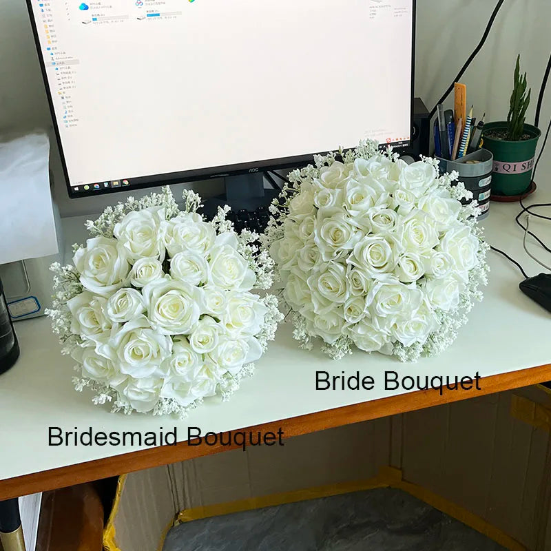 Artificial White Roses with Baby's Breath Bouquet - Elegant Bridesmaid Bouquets & Wedding Table Centerpiece Decor for Bridal Showers, Receptions, and Home Decor