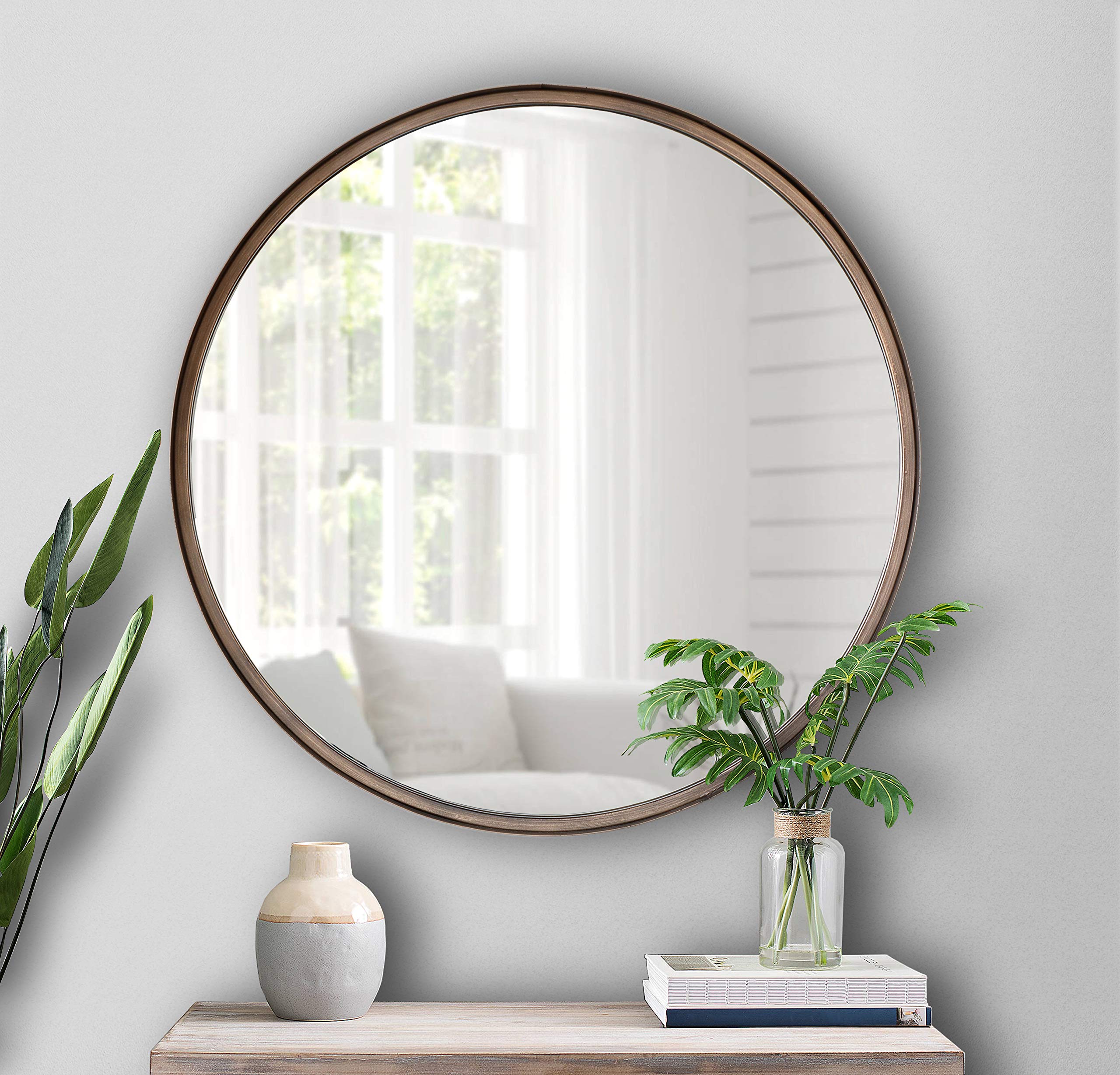 HBCY Creations 27.5 Inch Round Wall Mirror - Brushed Bronze Metal Frame, Handcrafted Oil Rubbed Finish, Decorative Hanging Mirror for Rustic, Boho & Farmhouse Decor - Perfect for Living Room, Bedroom, Entryway & Bathroom