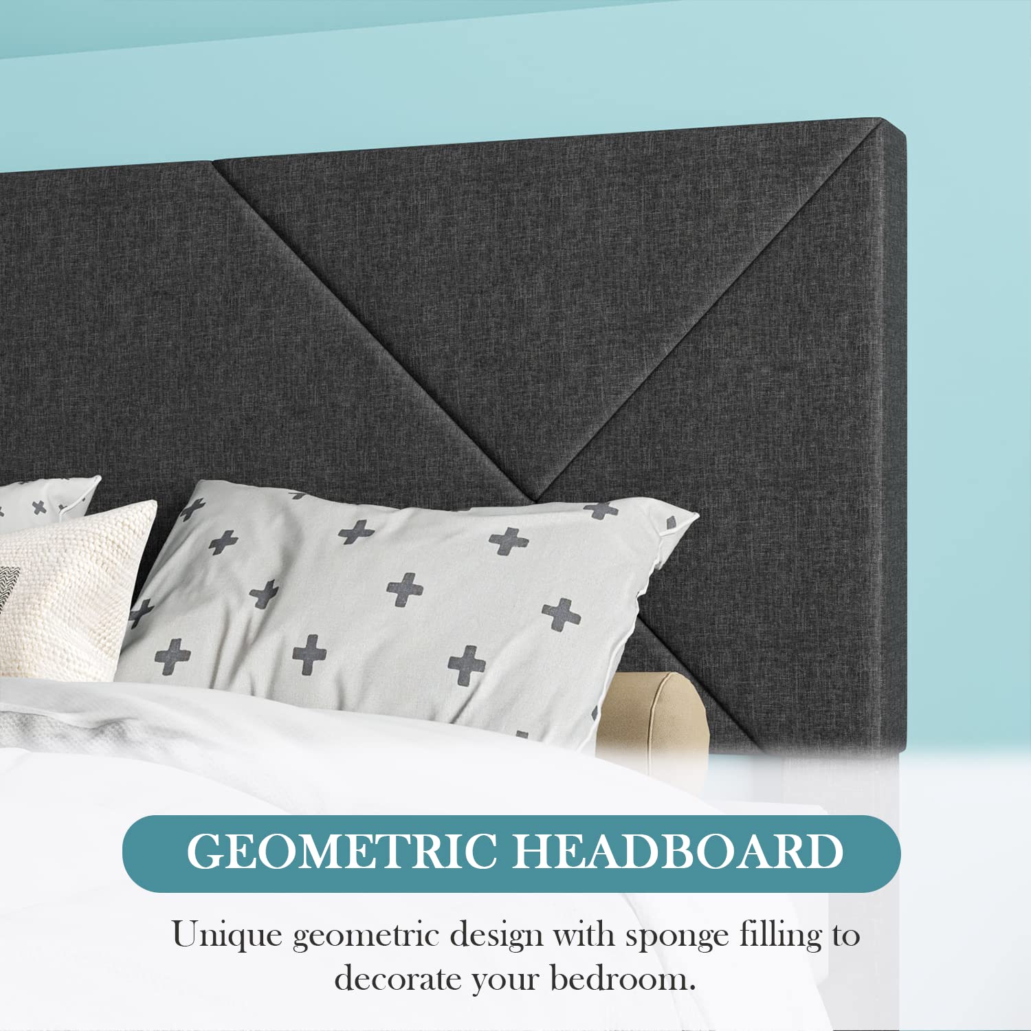HOOMIC King Size Bed Frame with Geometric Fabric Headboard - Upholstered Platform Bed with 8
