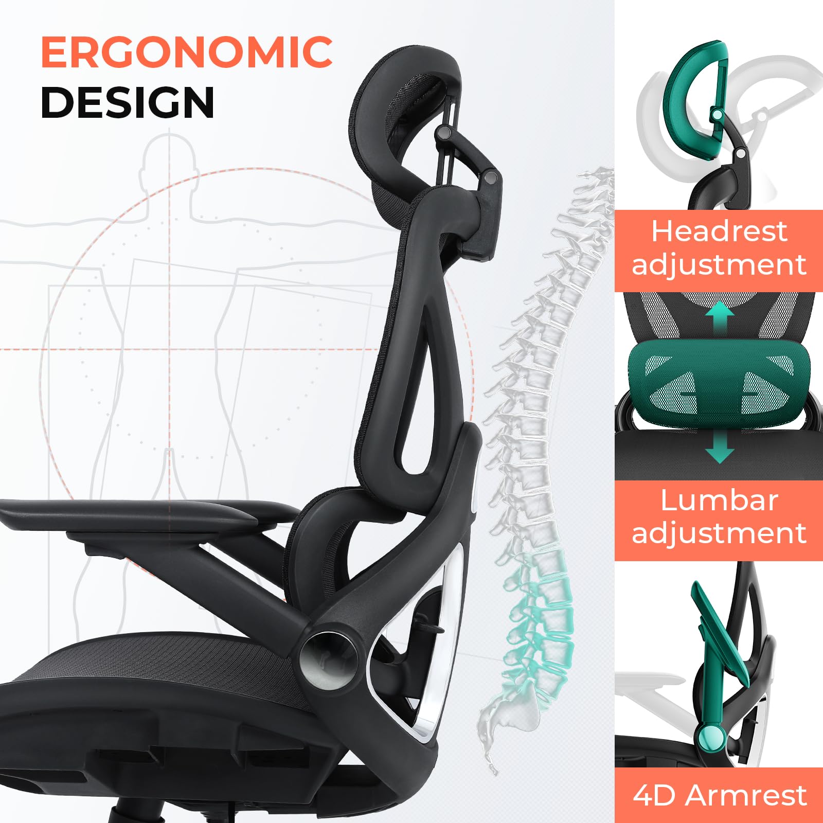 Ergonomic Mesh Office Chair with Adjustable Lumbar Support - High Back Desk Chair for Heavy Duty 400lbs - 4D Flip-Up Arms & 3-Level Tilt Backrest - 3D Headrest & PU Wheels - Swivel Rolling Computer Chair for Long Hours Desk Work - Perfect for Home Office, Gaming Setup & Professional Workspaces