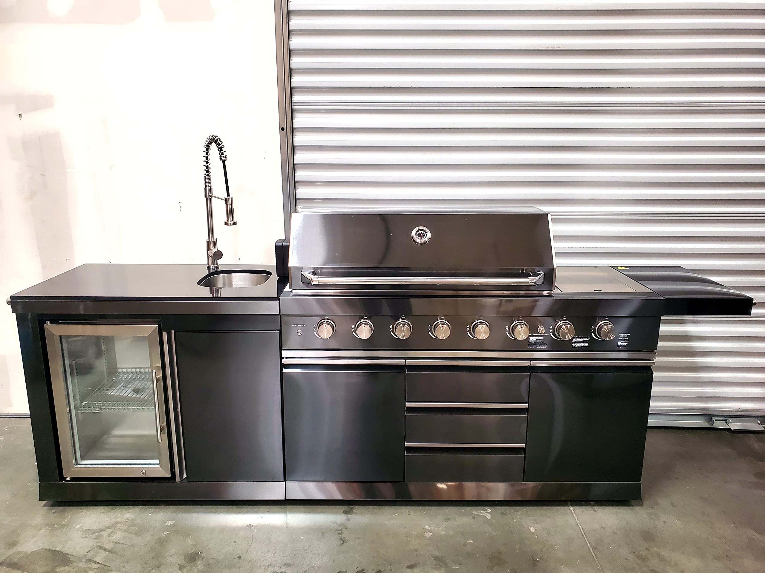 2-Piece Black Stainless Steel Outdoor BBQ Grill Island with Refrigerator, Sink & Faucet - Complete Kitchen Setup for Backyard, Patio & Garden Parties