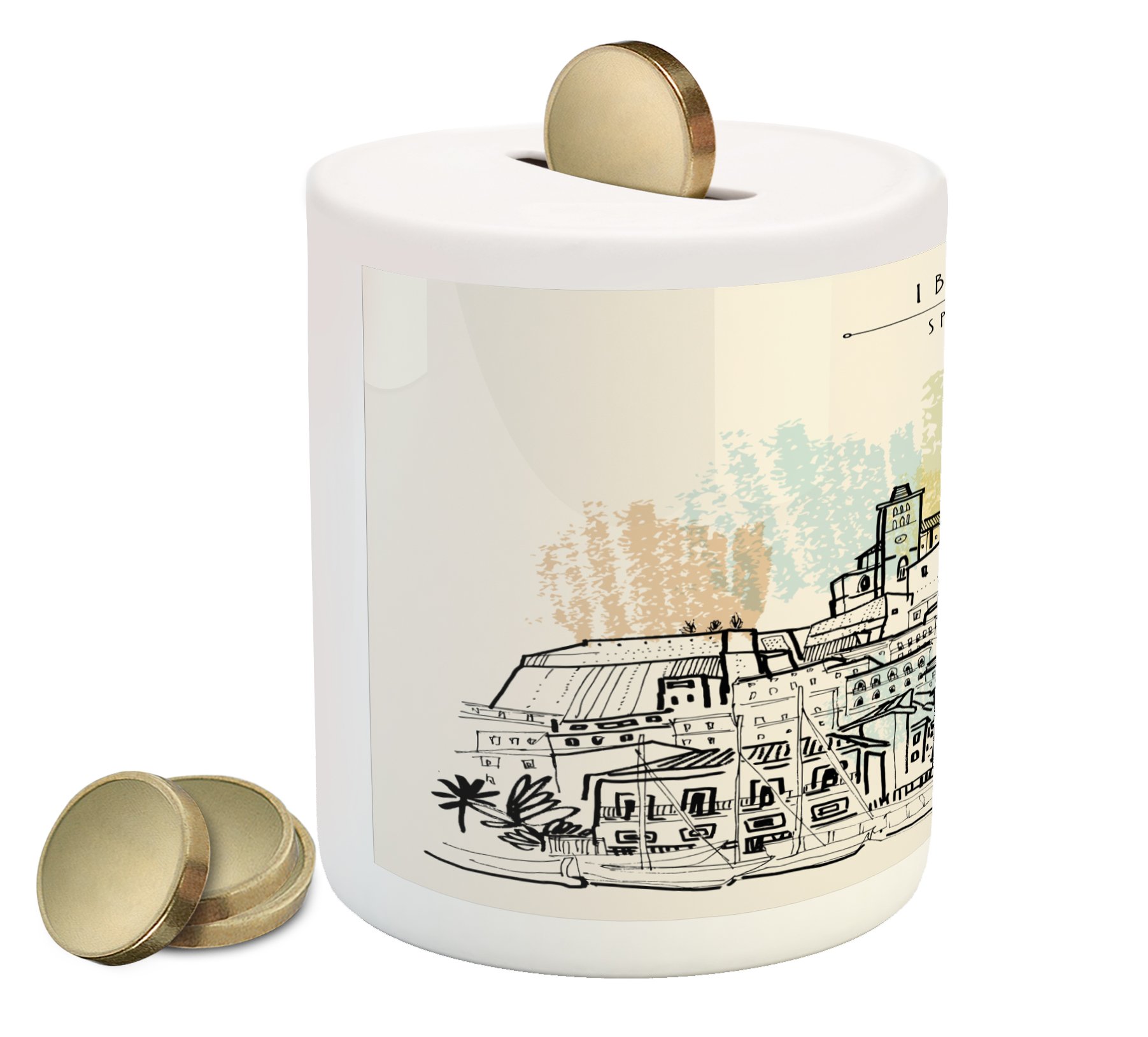Lunarable Ibiza Piggy Bank - Hand-Painted Sketch Style Balearic Islands Spain Design, Ceramic Coin Bank for Saving Money | Travel-Themed Cash Box with Historical Buildings & Boats | Perfect Gift for Kids, Collectors & Travel Enthusiasts | Use for Birthday Presents, Home Decor or Office Savings
