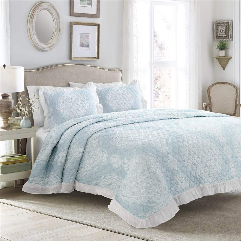 Lucianna Cotton Bedspread Set - Full/Queen, Blue for Cozy Bedrooms