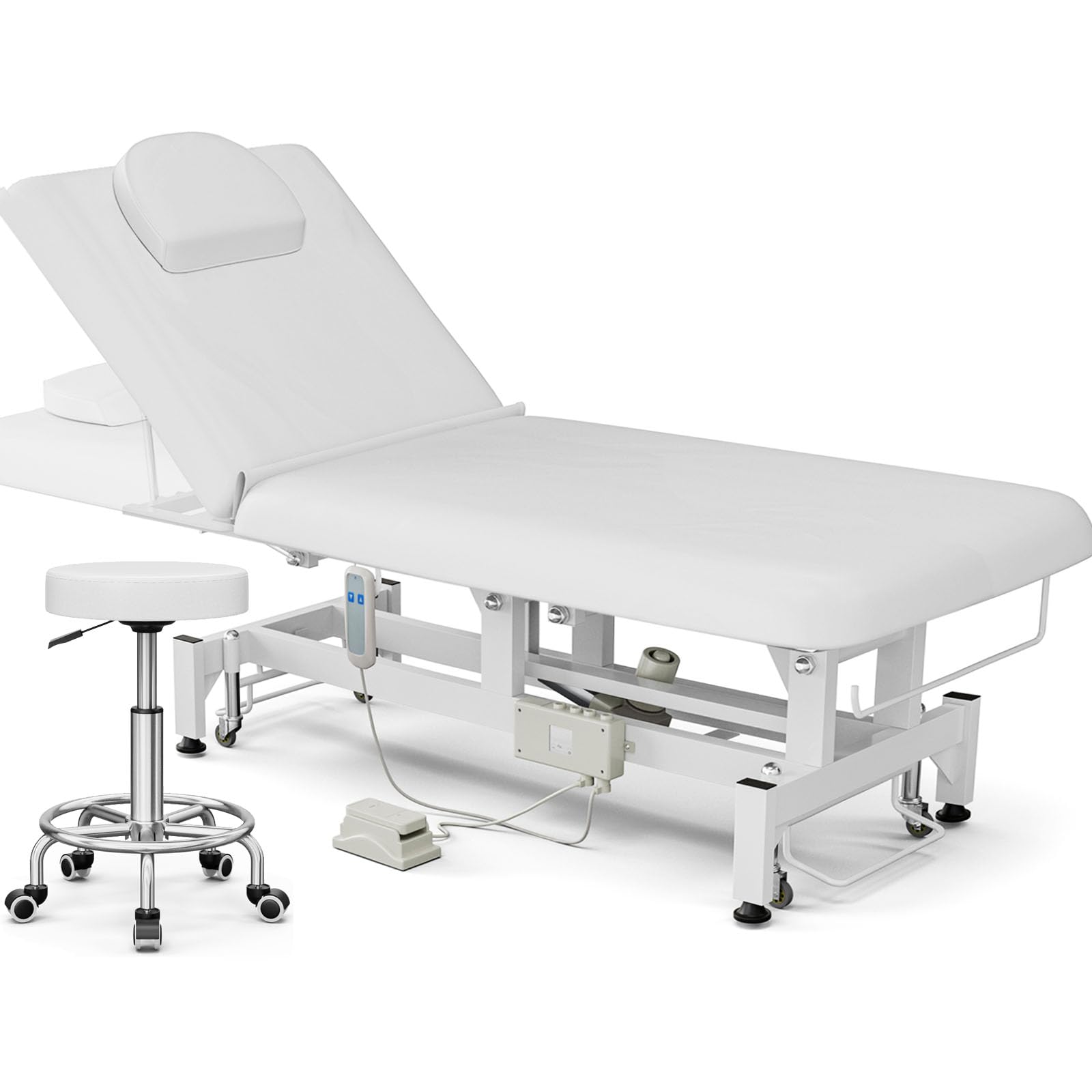 Electric Lift Massage Table with Adjustable Backrest & Face Hole - Professional Spa Facial Treatment Bed for Estheticians, Waxing & Lash Extensions - White Beauty Salon Table for Home & Clinic Use