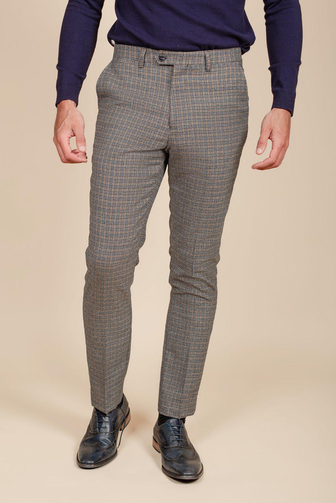 Hardwick Navy Tan Tweed Check Trousers for Men - Classic Wool Blend Dress Pants for Office, Business & Formal Occasions