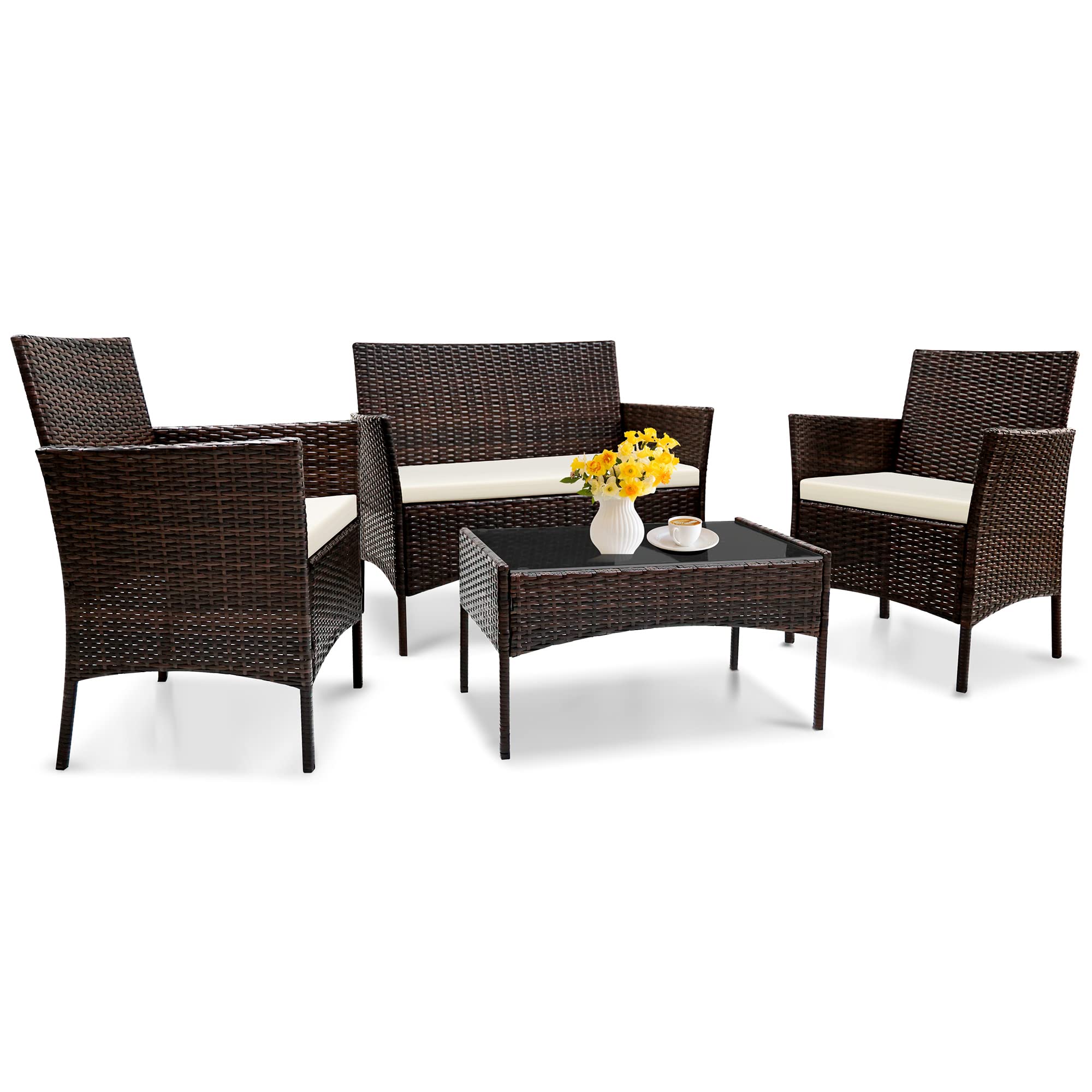 4-Piece All-Weather Outdoor Patio Furniture Set - Rattan Wicker Armchairs with Glass Coffee Table & Thick Cushions - Brown Sectional Sofa Set for Garden, Balcony, Poolside or Backyard Relaxation (Perfect for Outdoor Entertaining & Lounging)