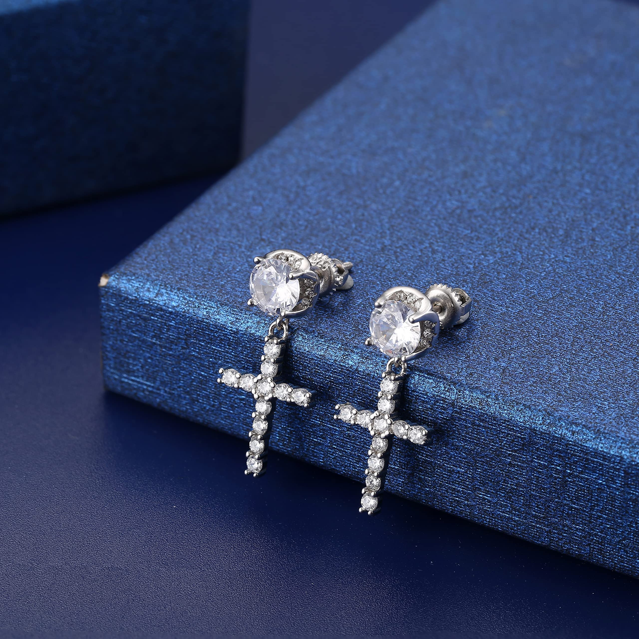 925 Sterling Silver Cross Earrings for Women & Men - Hypoallergenic Cubic Zirconia Dangle Earrings, 18K White Gold Plated Lightweight Sleeper Earrings | Perfect for Everyday Wear, Gift Giving & Special Occasions