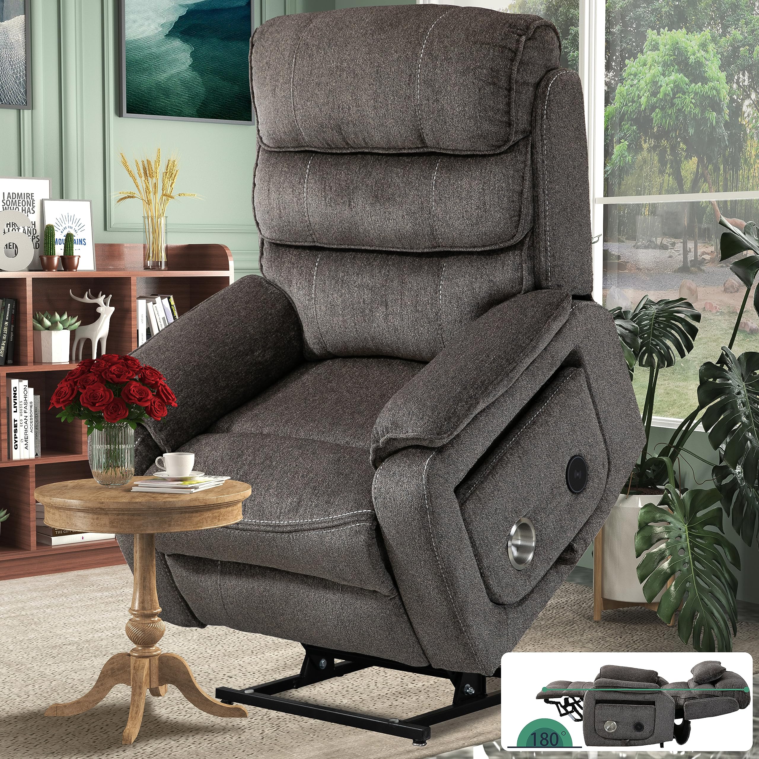 PUG258Y Power Lift Recliner Chair for Big & Tall Seniors - 9387Plus Heated Massage Recliner with Dual OKIN Motors, Built-in Tabletop with Wireless Charger & Cup Holder, 2 Remotes, Soft Chenille Fabric (Linen Brown) - Perfect for Elderly Comfort, Living Room Relaxation & Home Theater Seating