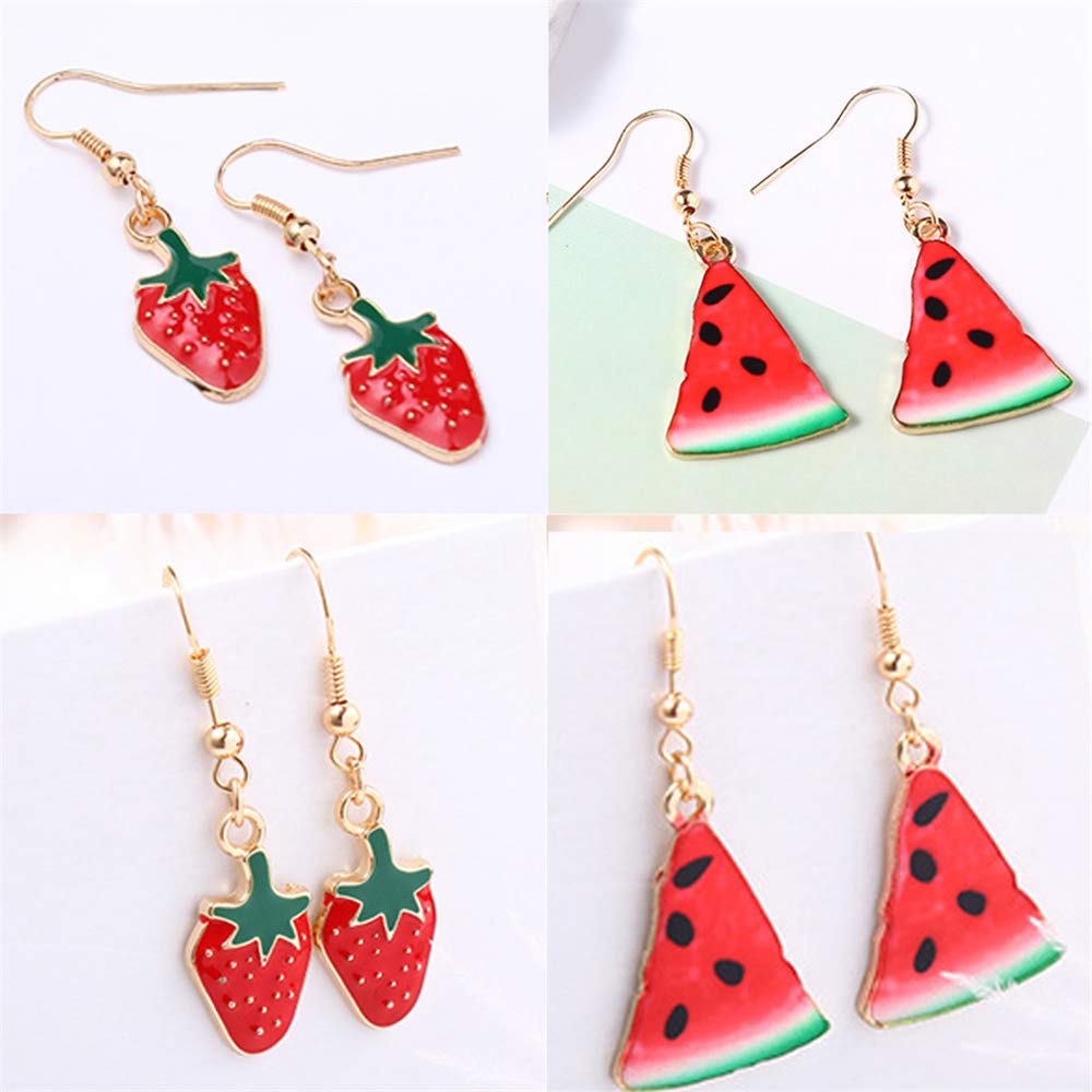 D.Rosse 4 Pairs Assorted Fruit Earrings for Women - Cherry, Strawberry, Watermelon Dangle Drop Earrings Set | Cute & Stylish Jewelry for Casual Wear, Parties, and Gifts