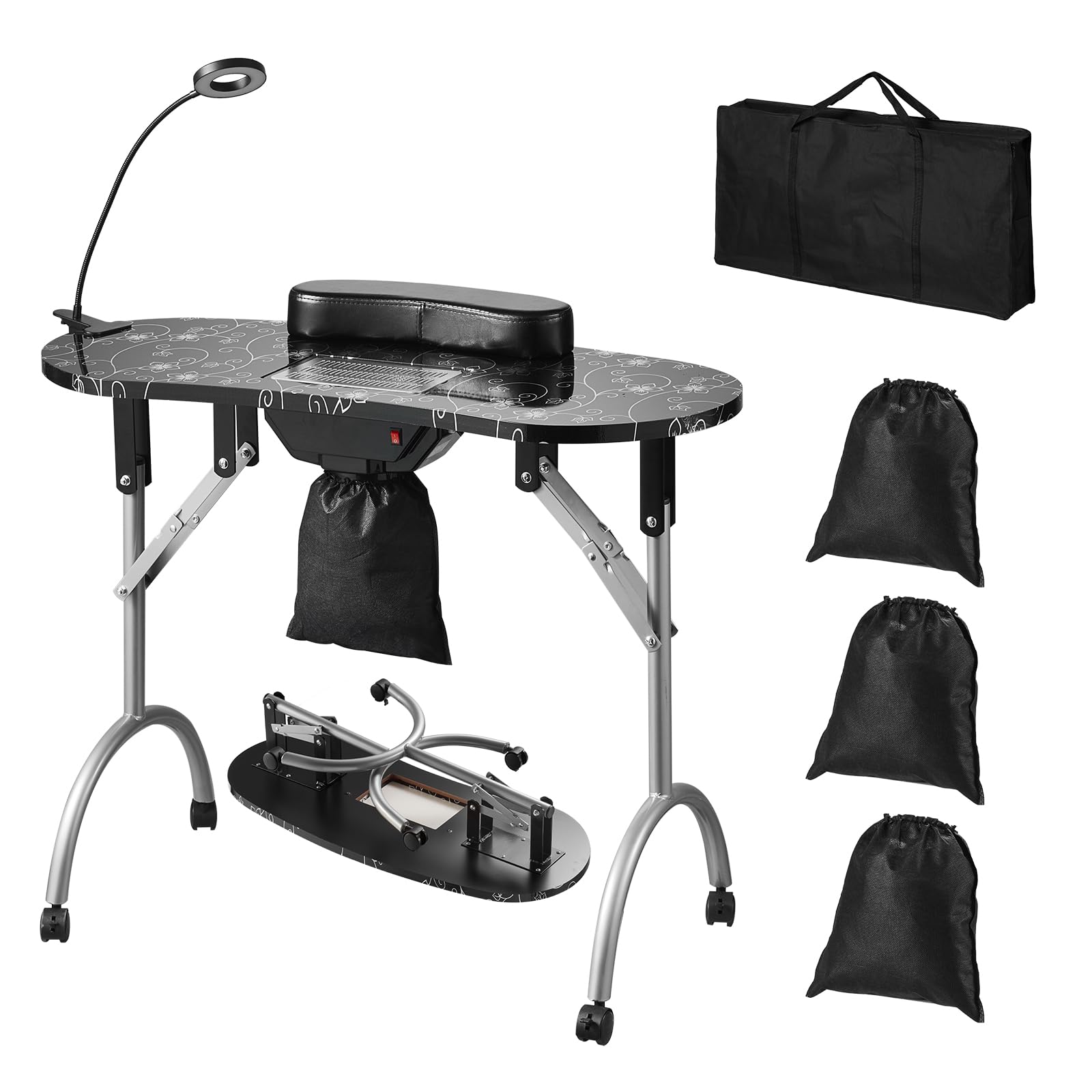 VEVOR Portable Foldable Nail Table with Electric Dust Collector - Mobile Nail Tech Desk with 4 Wheels, 3 Dust Bags & Adjustable LED Light - MDF Nail Art Station for Salon, Spa & Home Use | Perfect for Professional Nail Technicians & DIY Manicures at Home
