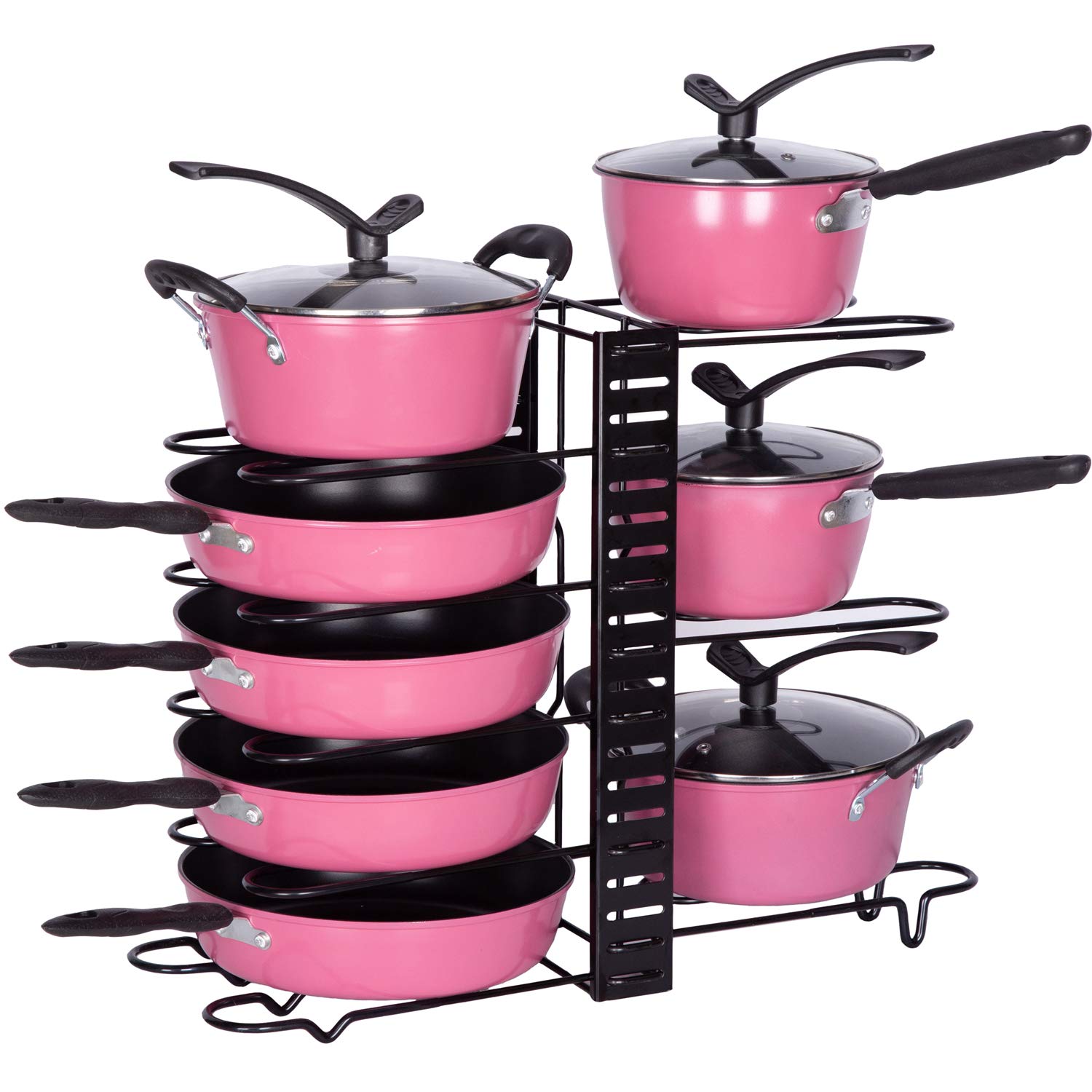 8-Tier Metal Pot Rack Organizer - Adjustable Kitchen Storage for Pots, Pans & Lids - 3 DIY Installation Methods - Space Saving Cabinet/Counter Organizer - Perfect for Small Kitchens & Organized Cooking Spaces
