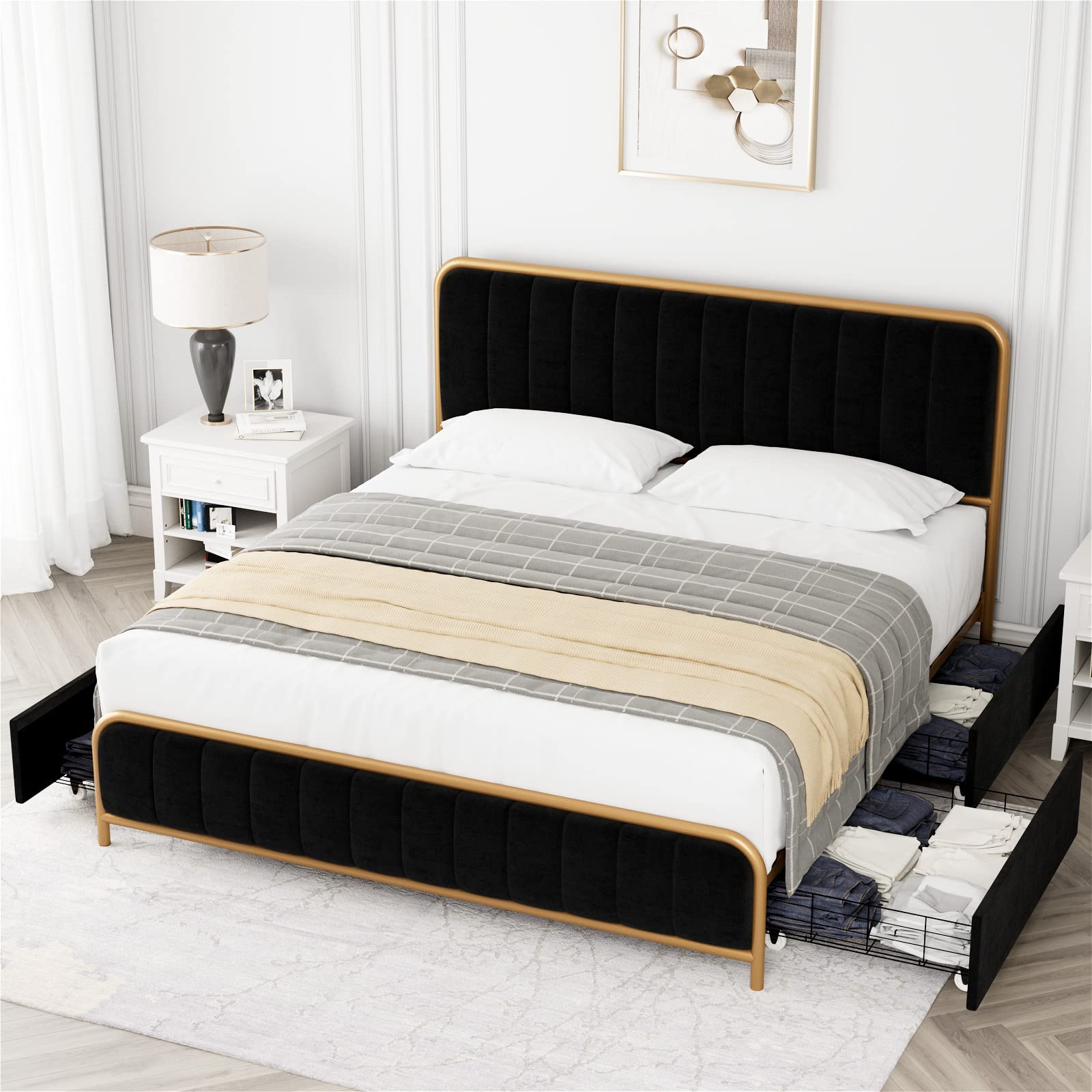 HITHOS Full Size Bed Frame with Storage Drawers & Headboard - Heavy Duty Metal Foundation for Bedroom (Golden/Black)