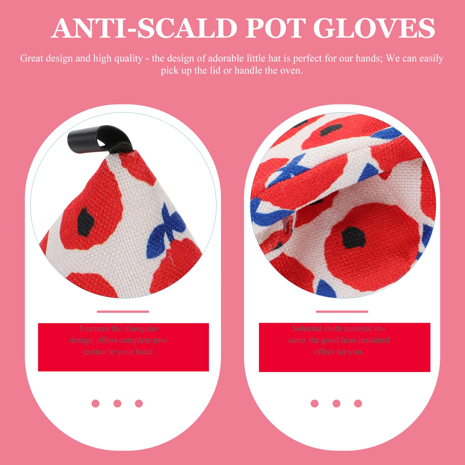 2-Pack Heat-Resistant Oven Gloves - Cotton-Polyester Blend, Triangle Design, Red (4.32x3.54x3.54in) - Pot Handle & Lid Cover for Cooking, Baking, Grilling & Kitchen Safety