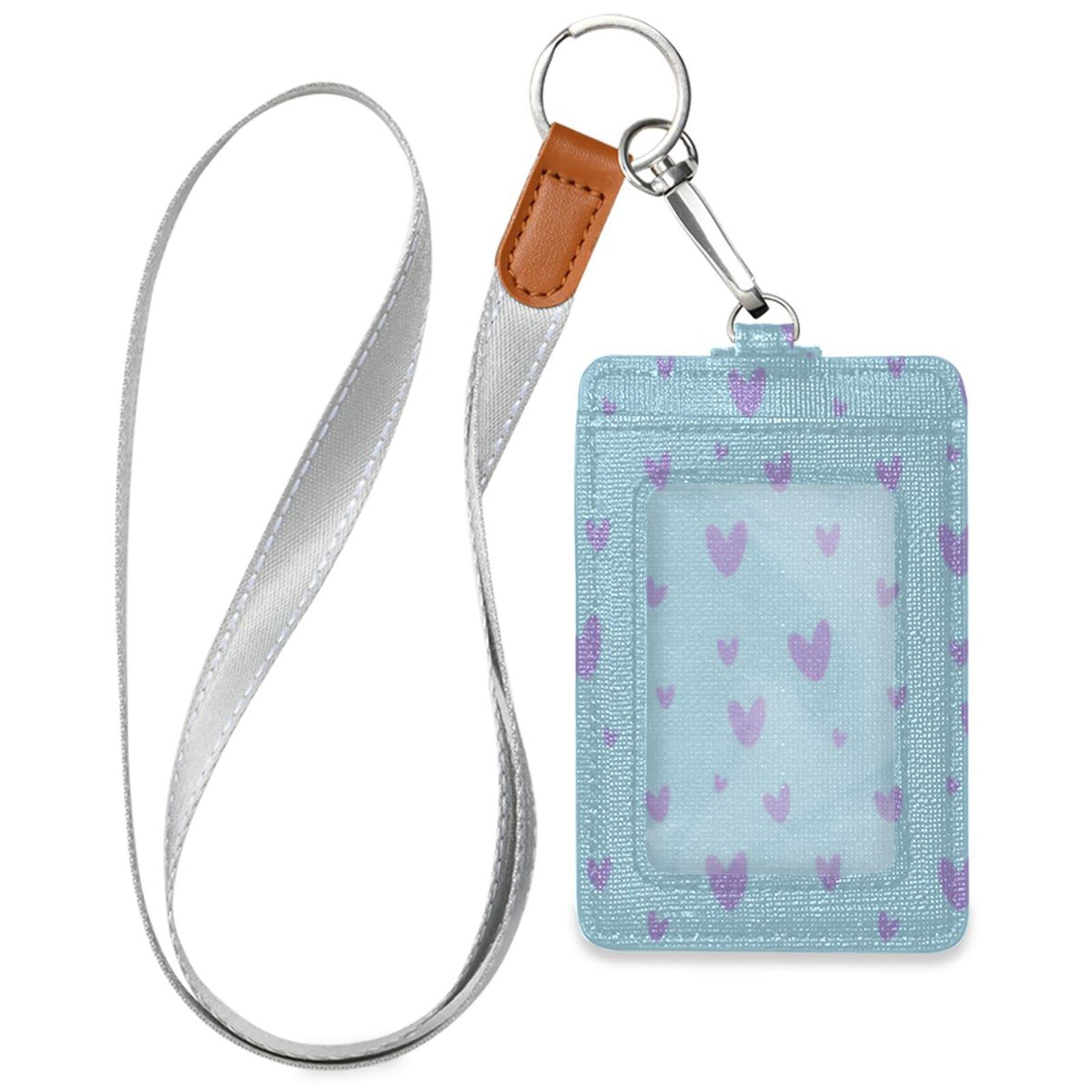 Vertical Leather ID Badge Holder with Lanyard - Purple Hearts Blue - Office & School Use
