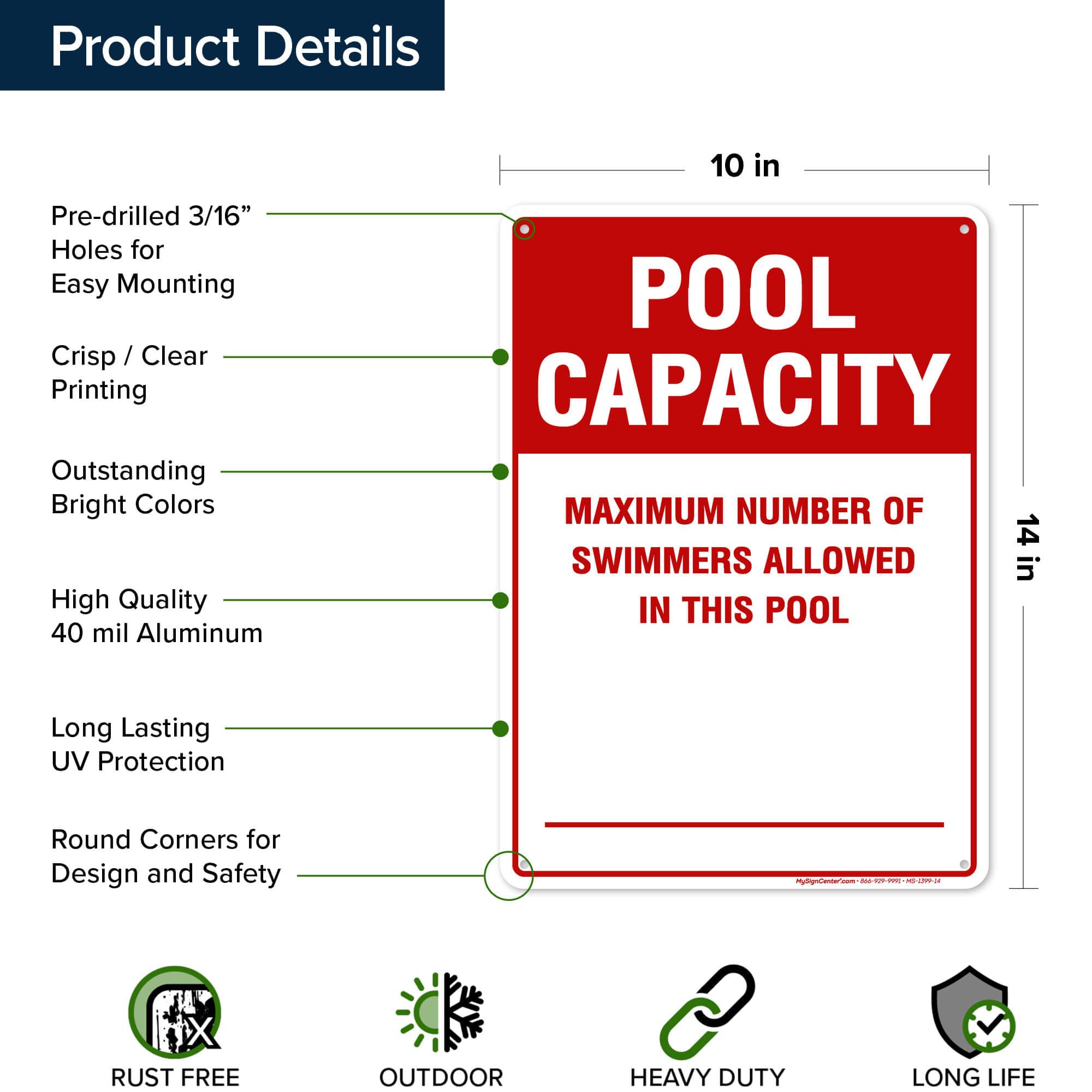 Pool Capacity Sign - Maximum Number of Swimmers Allowed - 10x14 Inches Rust-Free .040 Aluminum - Fade Resistant - Made in USA - Perfect for Public Pools, Water Parks & Community Centers