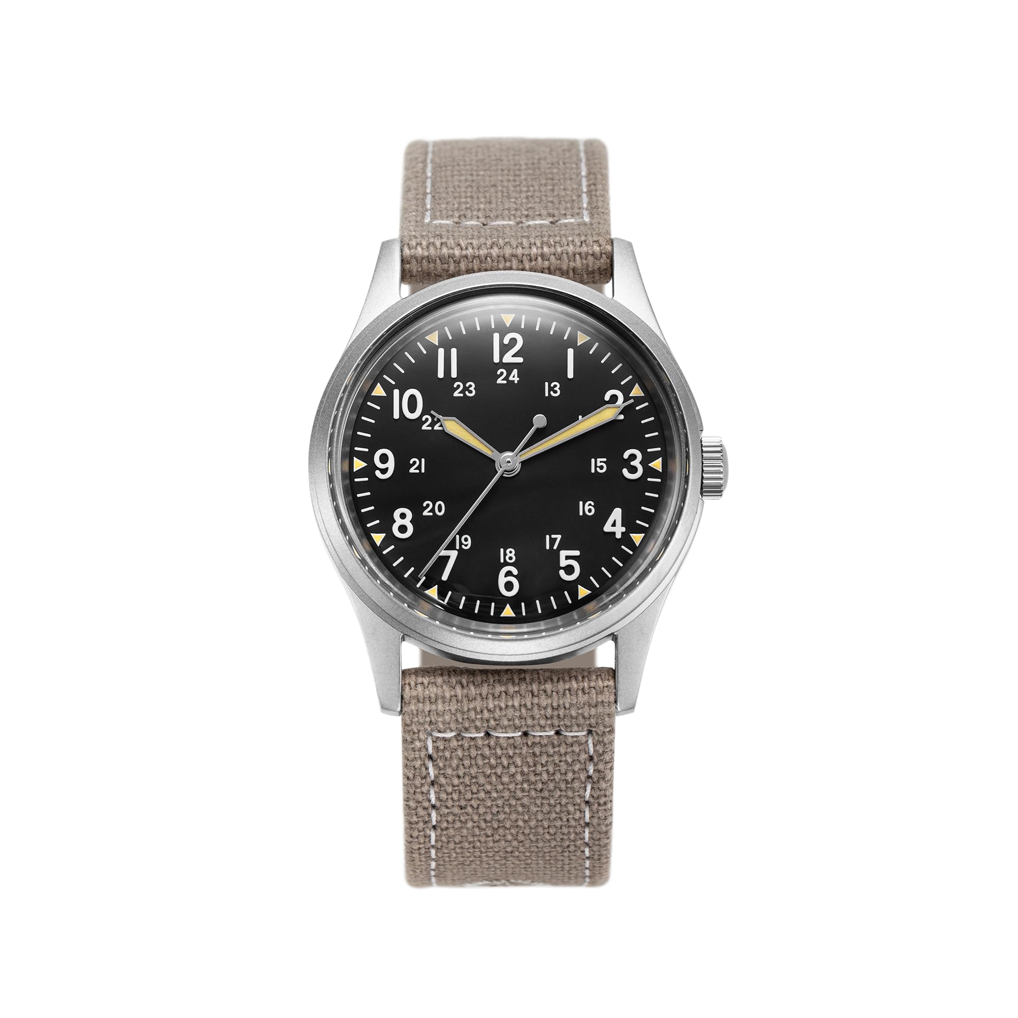 Jungle Field - 34mm Black Dial Military Watch for Men, Stainless Steel Case with Black Leather/Black Canvas/Light Brown Canvas Straps - Durable Tactical Watch for Outdoor, Hiking, and Everyday Use