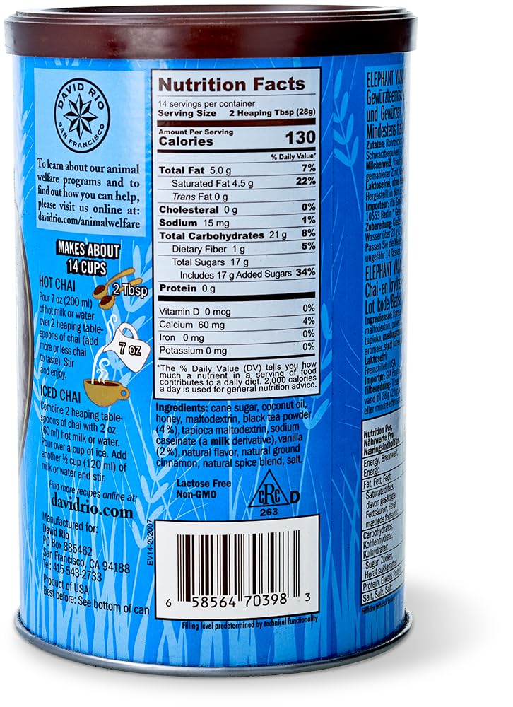 David Rio Elephant Vanilla Chai Tea Mix - 14oz Bag | Premium Spiced Chai Latte Powder for Coffee Shops & Home Brewing | Perfect for Morning Energy, Afternoon Tea Time & Cozy Evenings