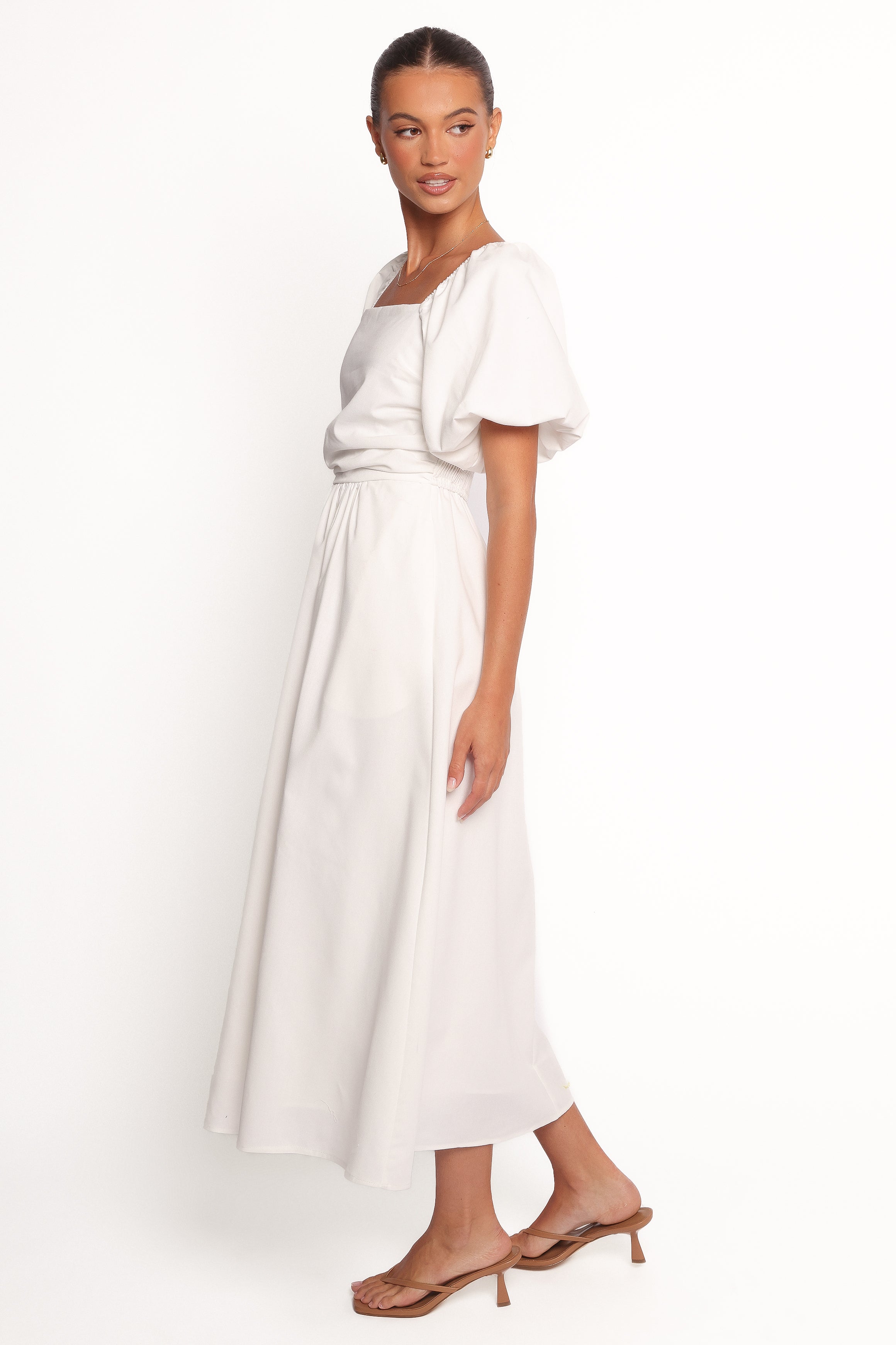 Elegant White Clo Puff Sleeve Midi Dress for Women - Perfect for Weddings, Parties & Special Occasions