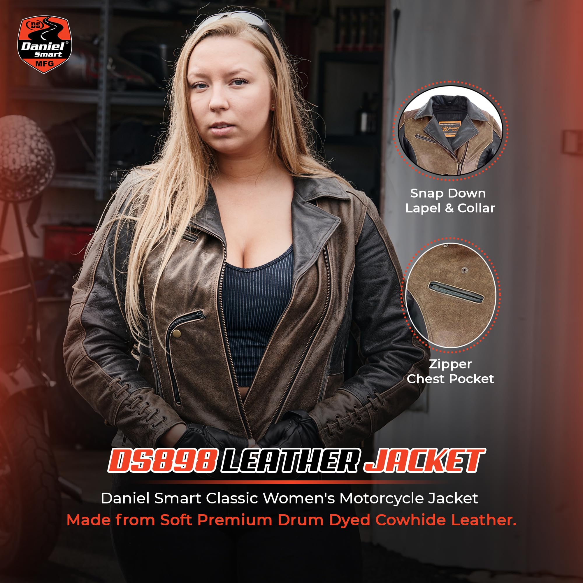 Daniel Smart Women's Motorcycle Jacket - Premium Biker Leather Jacket with Grommet Detailing, Lace Design & Armory Pocket for Riding, Fashion & Outdoor Adventures