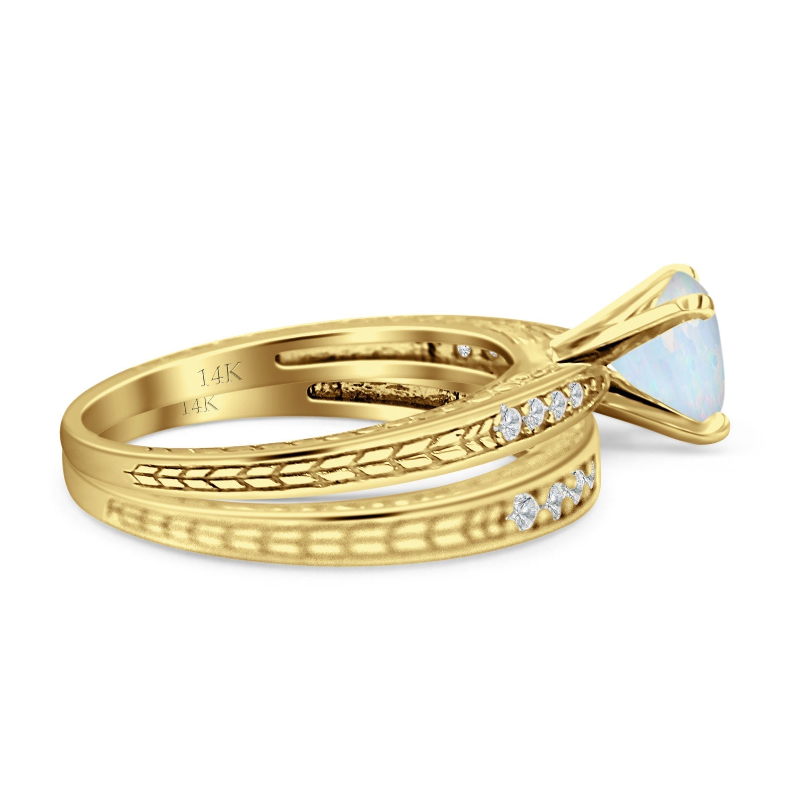14K Yellow Gold Round Two-Piece Lab-Created Yellow Opal Bridal Ring Set – Perfect for Engagement, Wedding, and Anniversary Gifts
