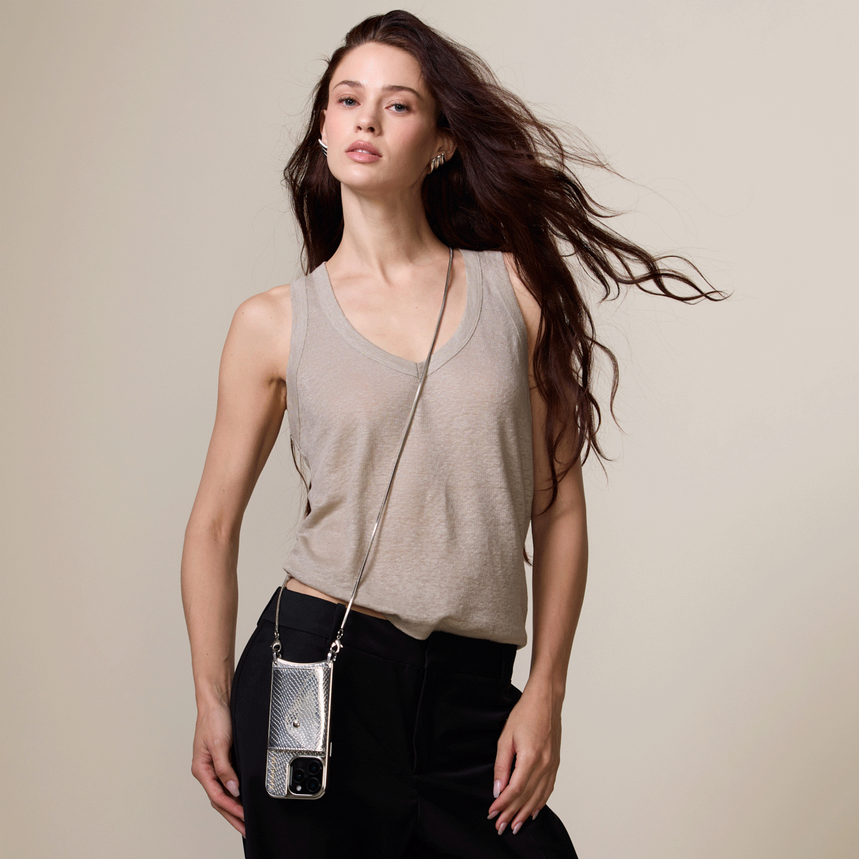 GIA Chrome Crossbody Phone Case - Silver Metallic | Stylish & Secure Hands-Free Carrying for iPhone & Android | Perfect for Travel, Shopping & Outdoor Activities