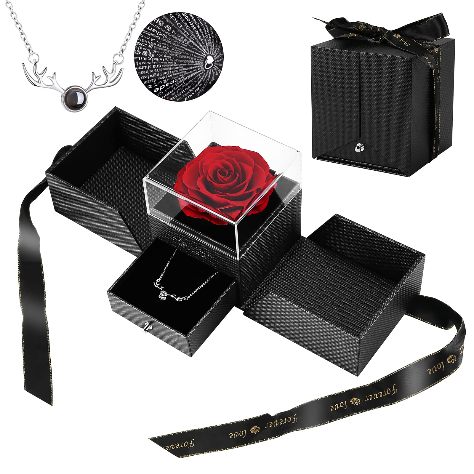 BEBODA Preserved Rose with 'I Love You' Necklace in 100 Languages - Romantic Valentine's Day Gift for Her, Birthday, Anniversary, Mother's Day - Perfect for Girlfriend, Wife & Mom (Home Decor & Special Occasion Gift)