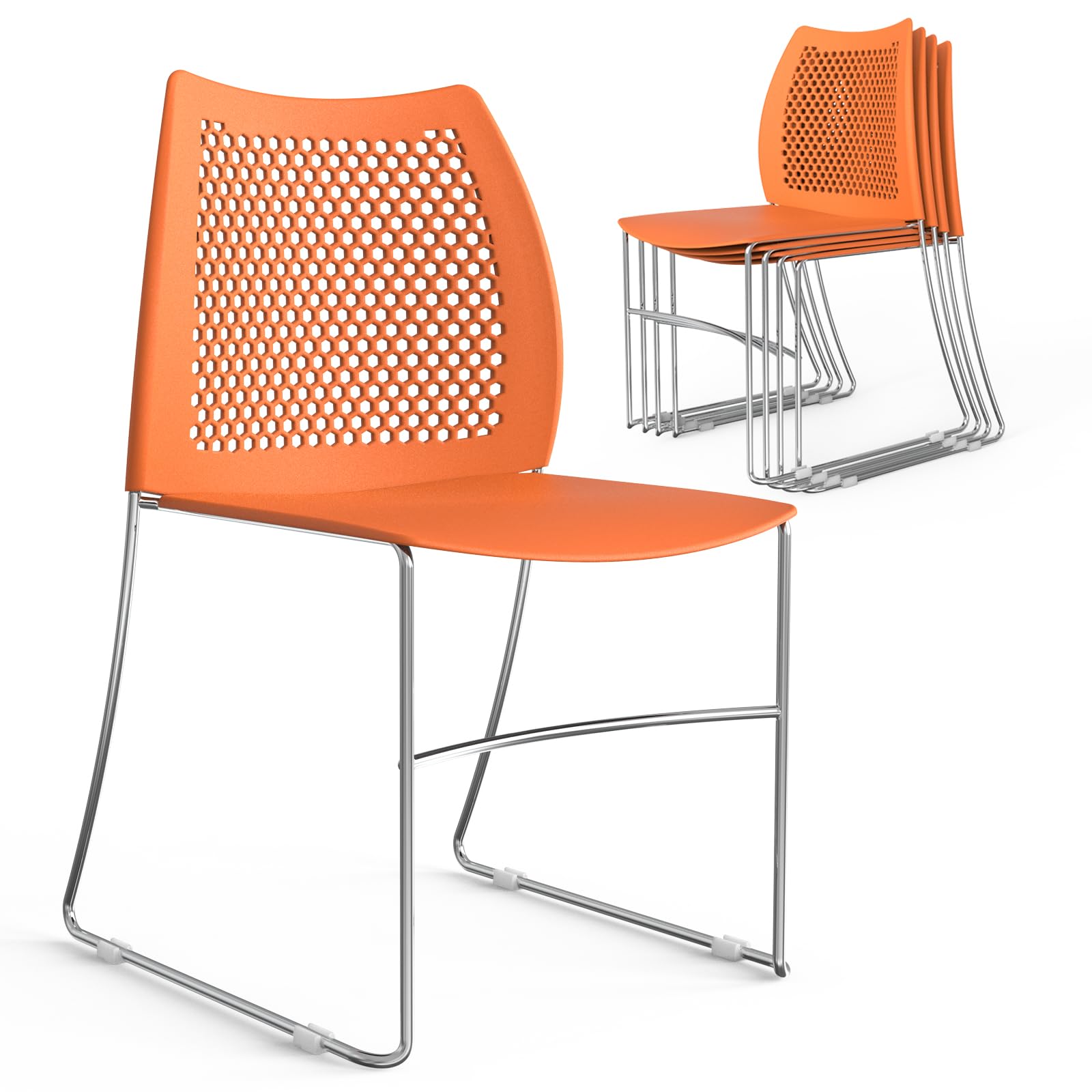 VINGLI 5-Pack Stackable Office Chairs with Metal Sled Base - Ergonomic Plastic Seat & Ventilated Back - Space-Saving Chairs for Waiting Rooms, Break Rooms, Banquets & Guest Seating (Orange) - Perfect for Home, Office & Event Use