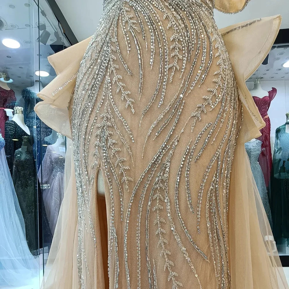 Luxury Dubai Caramel Beaded Mermaid Evening Gown with Overskirt & Elegant Split - Formal Dresses for Women - Perfect for Weddings, Galas & Red Carpet Events