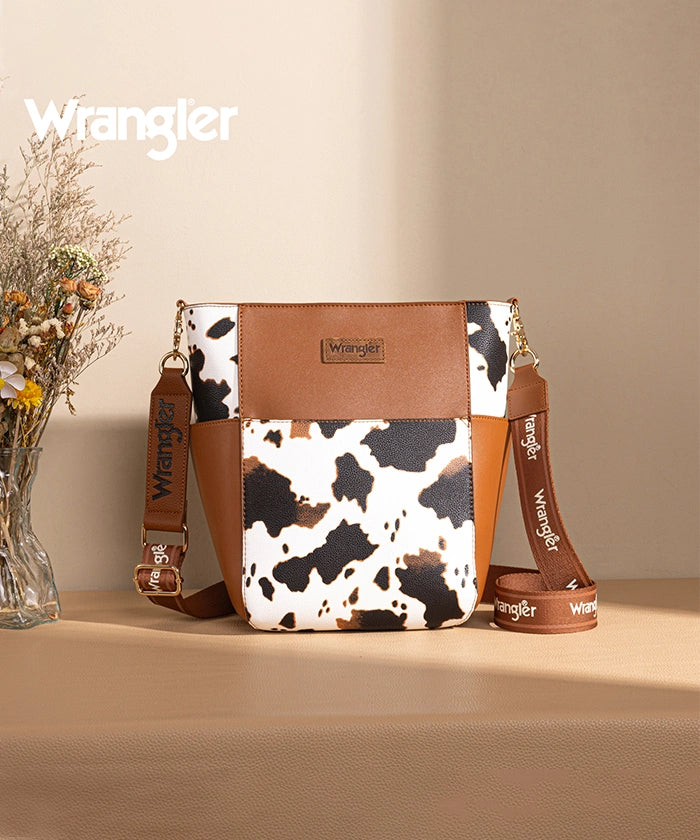 Wrangler Cow Print Crossbody Bucket Bag for Women - Stylish Western Handbag with Adjustable Strap - Perfect for Daily Use, Travel & Country Music Festivals