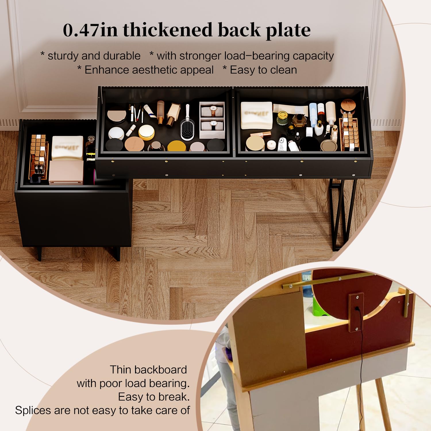 Modern Black Vanity Desk with Plug - Large Makeup Dressing Table with 3-Color Touch Screen Dimming Mirror, Adjustable Cabinet & 5 Sliding Drawers - Retractable Design with Built-in Power Strip - Perfect for Bedroom, Dressing Room & Beauty Salon Organization
