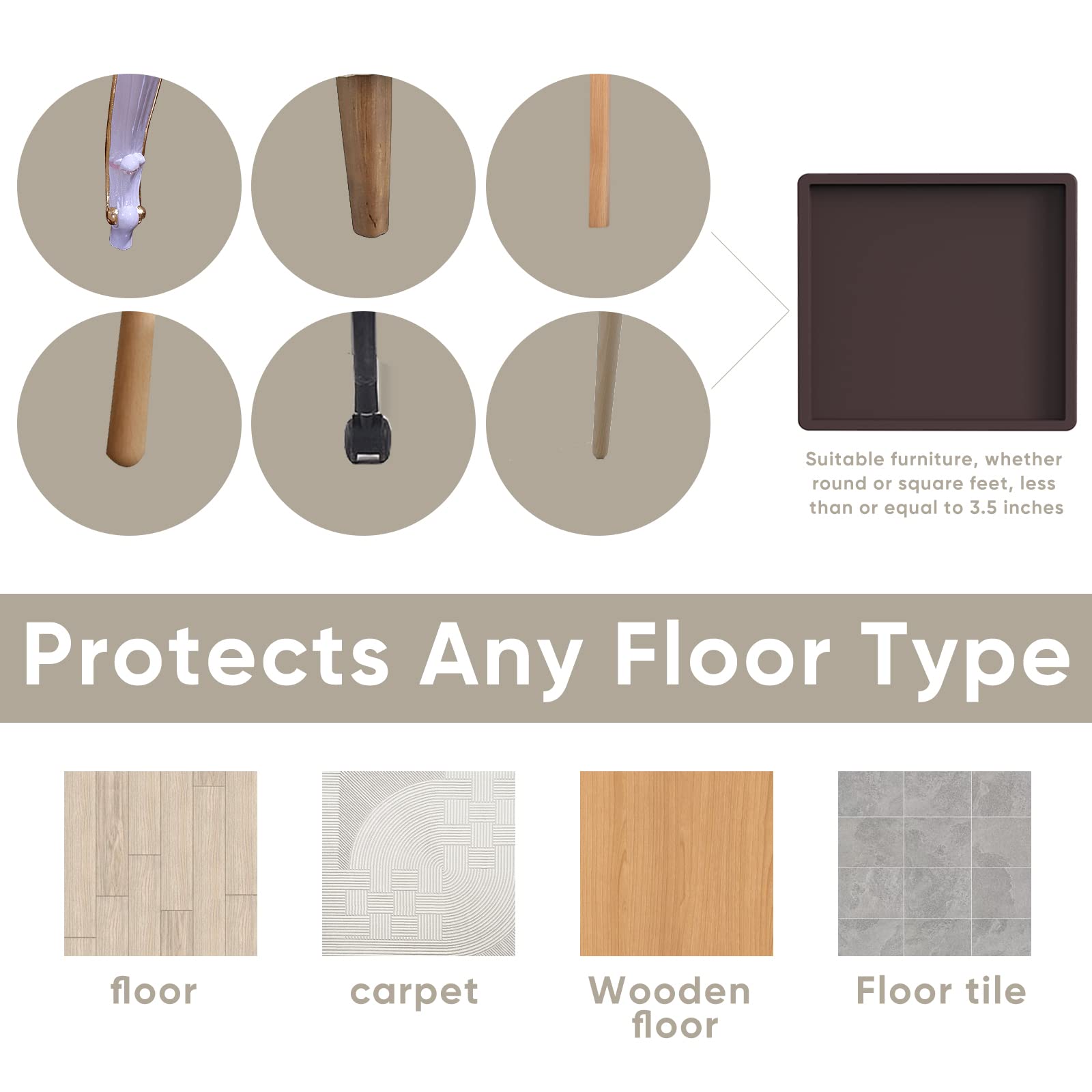 4Pcs 3.5 Inch Brown Rubber Non-Slip Furniture Coasters - Heavy Duty Bed Leg Pads & Floor Protectors for Hardwood Floors - Perfect for Sofas, Chairs, Tables & Moving Furniture Safely