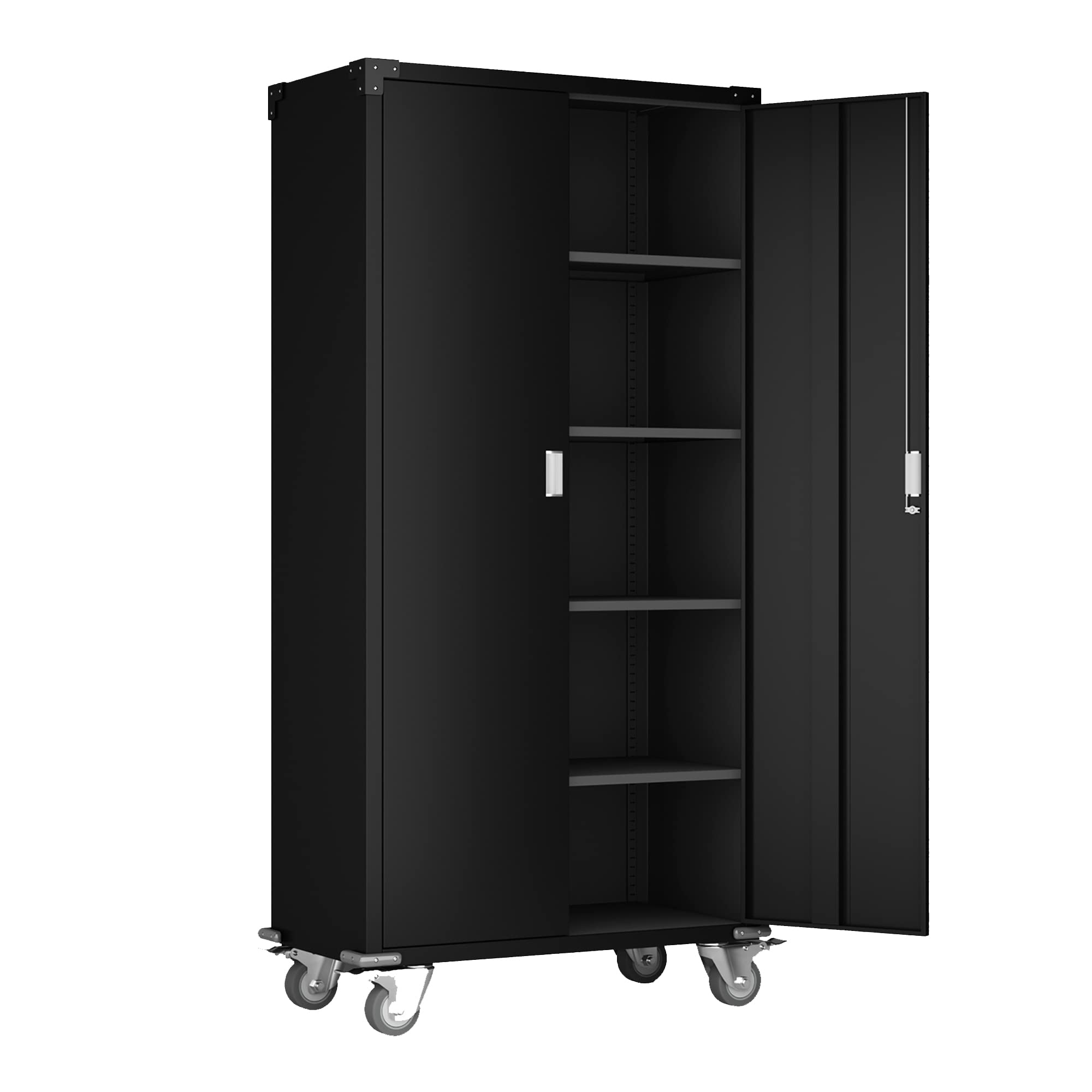 Aobabo 72-Inch Heavy-Duty Metal Garage Cabinet with Wheels - Lockable Rolling Storage Cabinet with 4 Adjustable Shelves - Black Utility Cabinet for Garage, Office & Home Organization (Assembly Required) - Perfect for Tools, Equipment & Household Storage