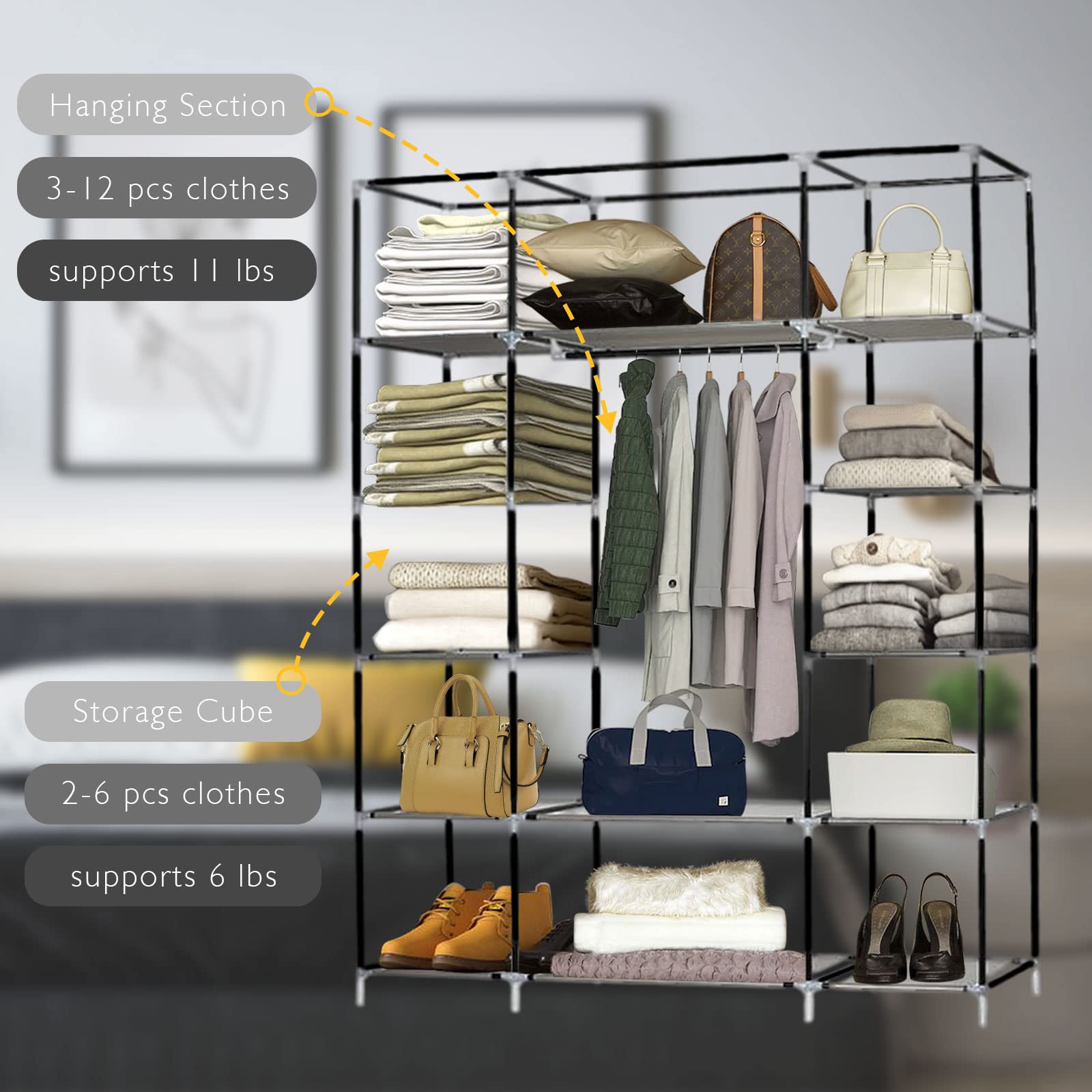 BNSPLY 67 Inch Portable Wardrobe Closet - Non-Woven Fabric Storage Organizer for Clothes, 52