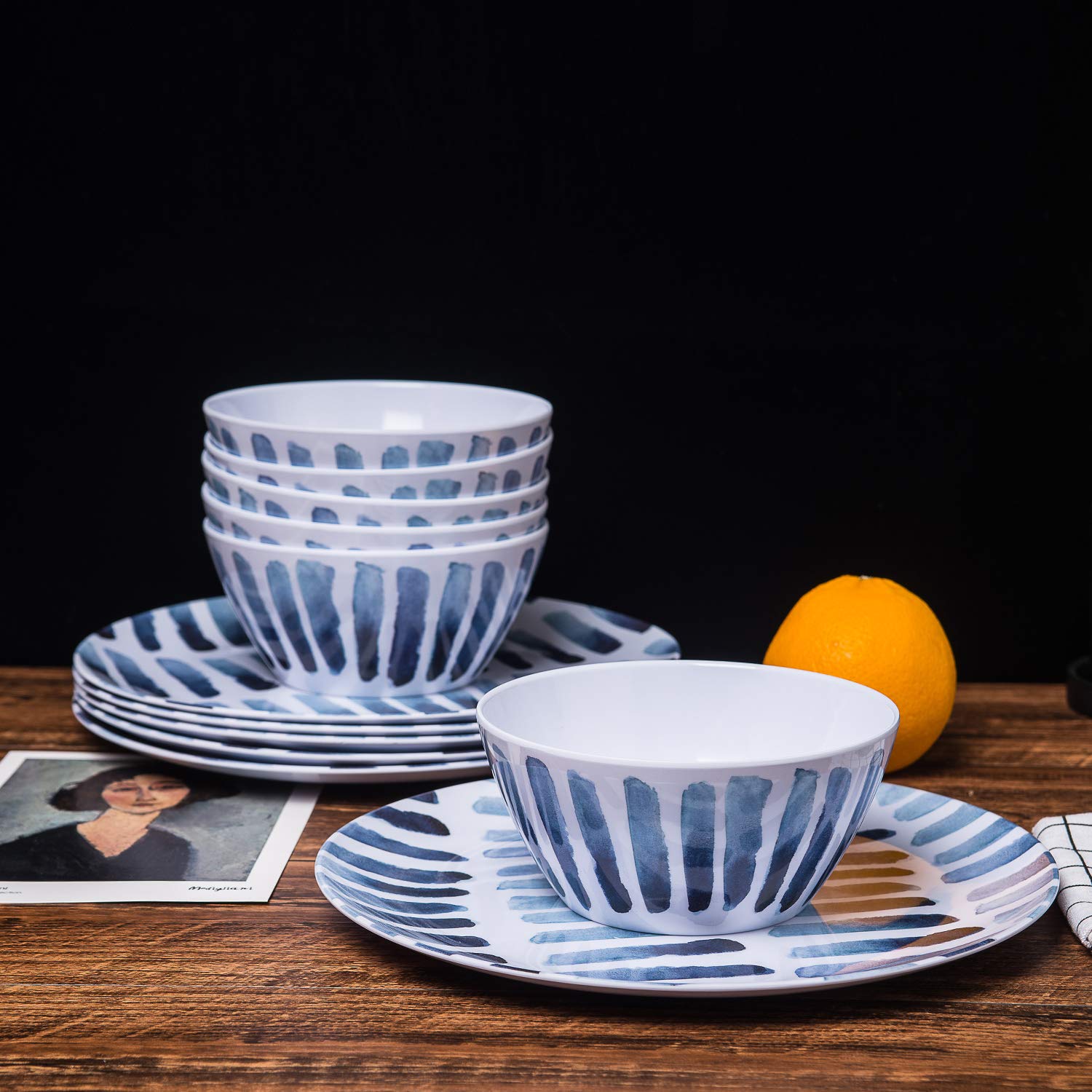 KX-WARE 6-Inch Blue Stripe Melamine Bowls - Set of 6, Durable 100% Melamine Dishware for Cereal, Soup, Salad & Desserts - Perfect for Indoor, Outdoor Dining, Picnics & Party Serving