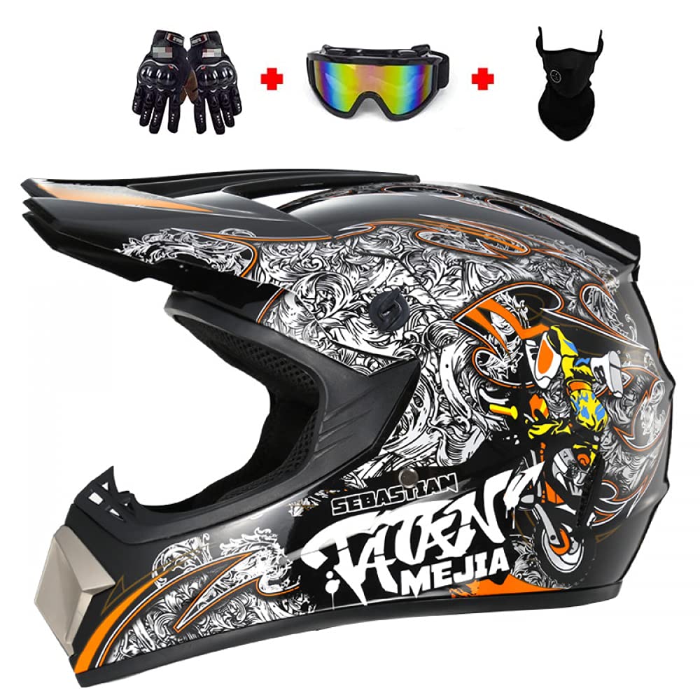 DOT Certified Adult Motorcycle Helmet - Full Face Offroad Motocross Helmet for Men & Women - ATV Dirt Bike Helmet with Mask, Goggles & Gloves - Perfect for Downhill Riding, Road Racing & Off-Road Adventures