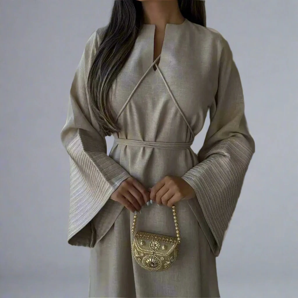Elegant Muslim Women's V-Neck Abaya Dress with Embroidery Sleeves - Perfect for Prayer, Eid, Wedding & Special Occasions