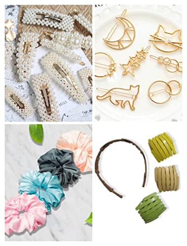 Snowpearl 10-Piece Hair Accessories Set - Plain Scrunchies, Golden Hair Clips, Pearl Hair Clips & Foldable Headbands (Multicolor) | Perfect for School, Work, Parties & Everyday Styling
