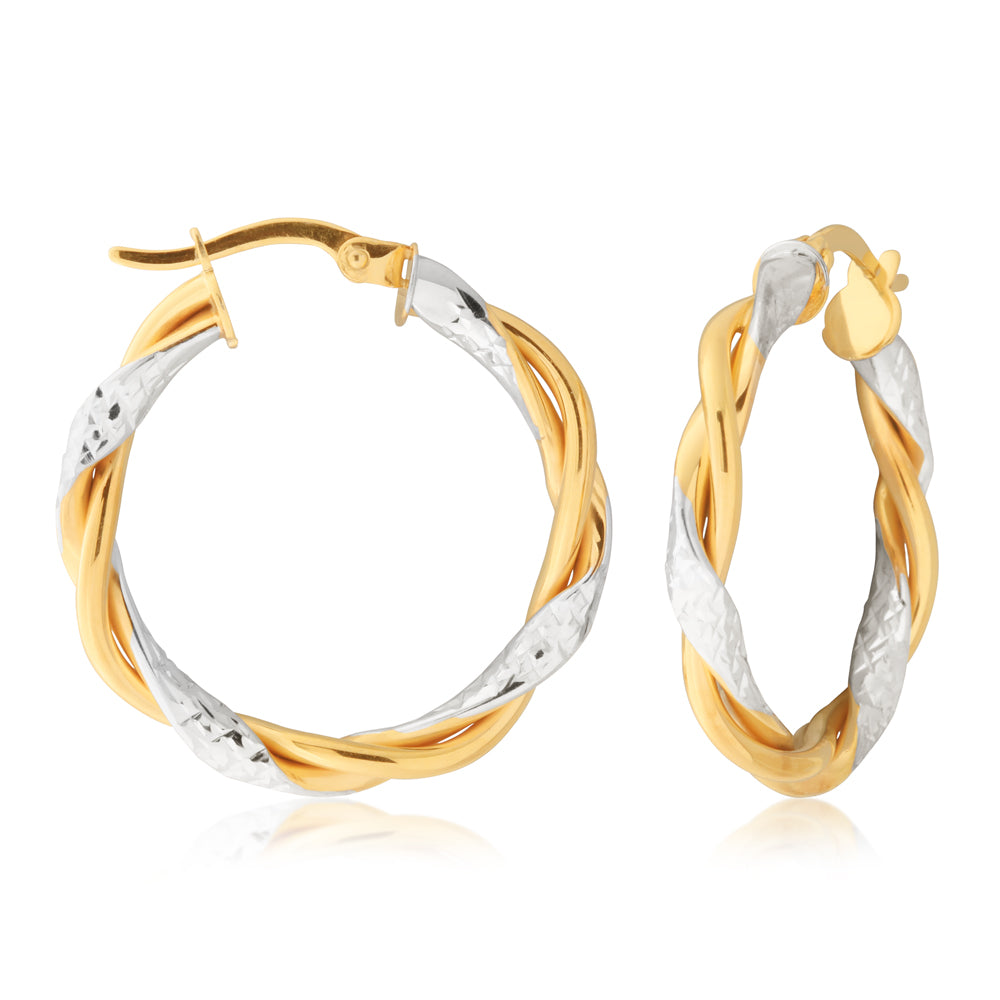 9ct Two Tone Gold Filled Diamond Cut Twist Hoop Earrings for Women - Elegant Dangle Jewelry for Party, Wedding & Everyday Wear