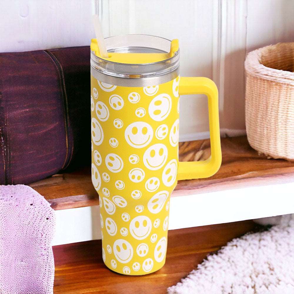 Happy Face Stainless Steel Tumbler - 20oz Insulated Travel Mug with Lid & Straw, BPA-Free, Keeps Drinks Hot/Cold for Hours - Perfect for Office, Gym, Camping & Outdoor Activities