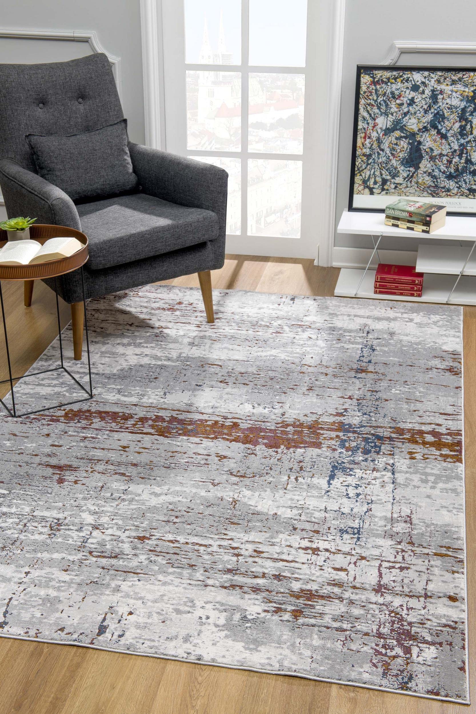 RUG BRANCH Sardini Modern Abstract Grey and Red Indoor Area Rug 5' x 7' (5'3