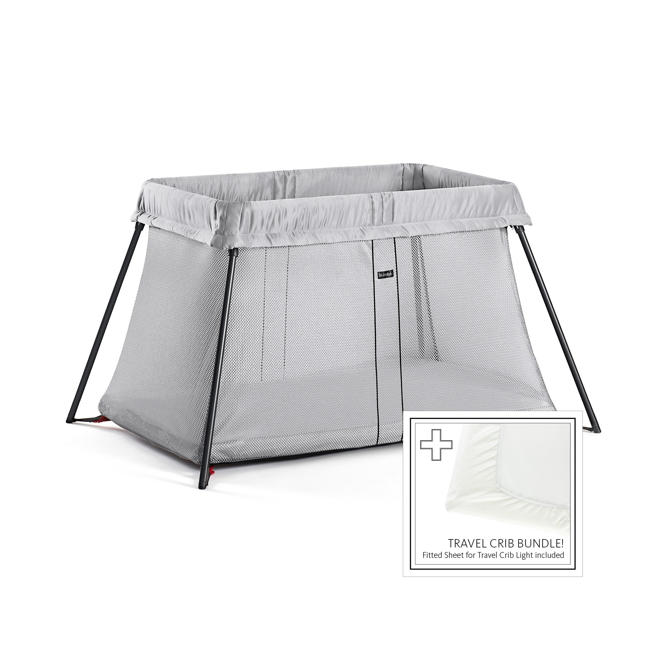 BabyBjorn Travel Crib Light - Portable Baby Bed with Fitted Sheet, Silver | Compact Foldable Design for Travel, Home & Nursery Use