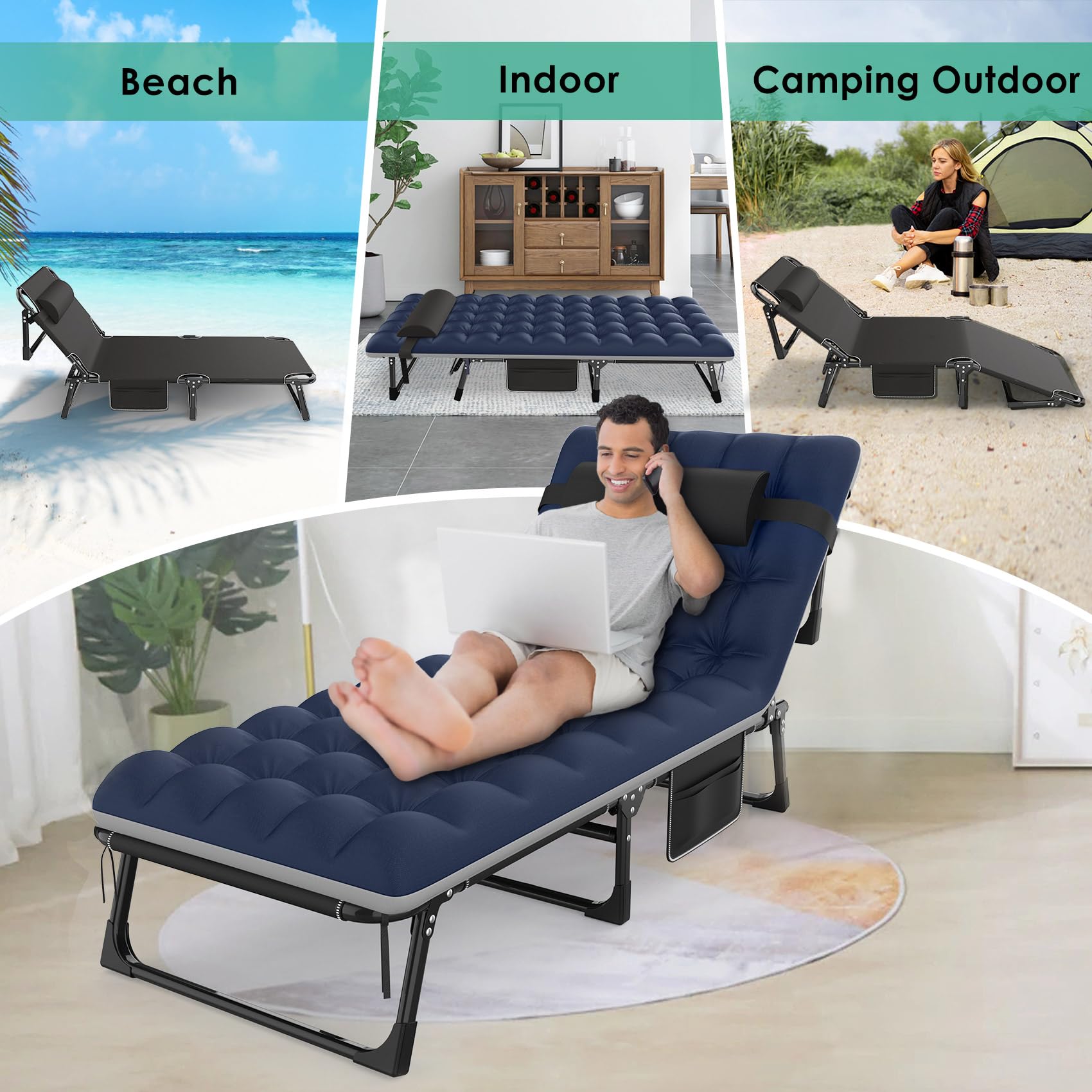 **Suteck Heavy Duty Folding Camping Cot - Adjustable 5+2 Position Recliner with Pillow & Carry Bag - Portable Outdoor Sleeping Bed for Camping, Travel, Beach, Pool, Patio, Home & Office Napping**    *(Ideal for camping trips, backyard relaxation, beach lounging, travel comfort, and quick naps at home or the office.)*