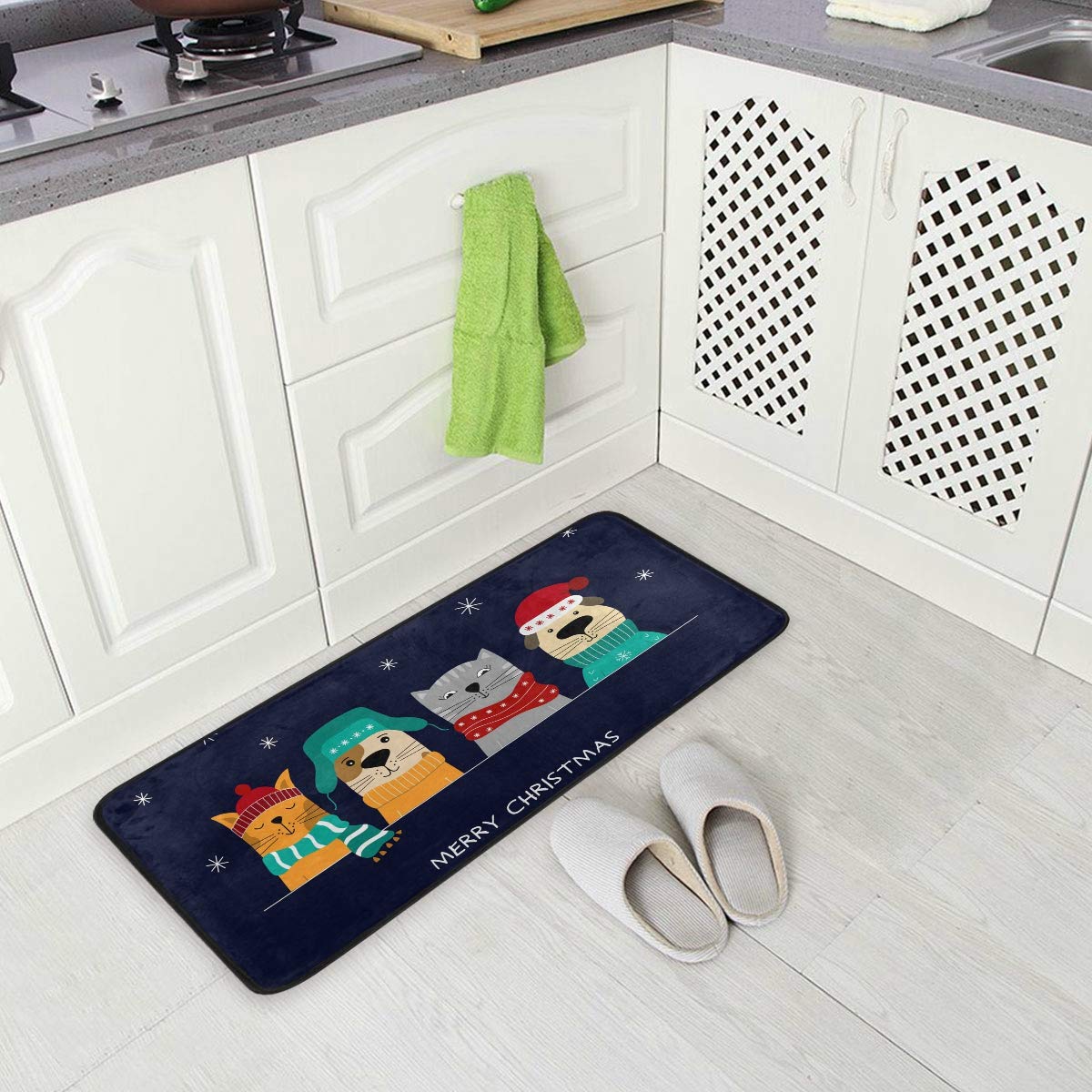 DOMIKING Non-Slip Christmas Dog Kitchen Rug - 39x20 Inch Waterproof Foam Floor Mat for Pets, Farmhouse Decor - Perfect for Holiday Kitchen, Entryway & Standing Areas (Black)